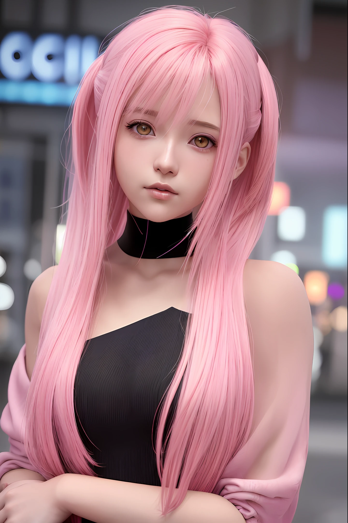 A closeup of a woman, 3D realistic anime, stunning anime face portrait, photorealistic anime, young realistic anime girl, cute anime portrait, photorealistic anime girl render, pink hair , neon style, cyberpunk realistic anime art style, beautiful anime girl, style realistic 3D anime character, anime style. 8k, artwork in the style of guweiz