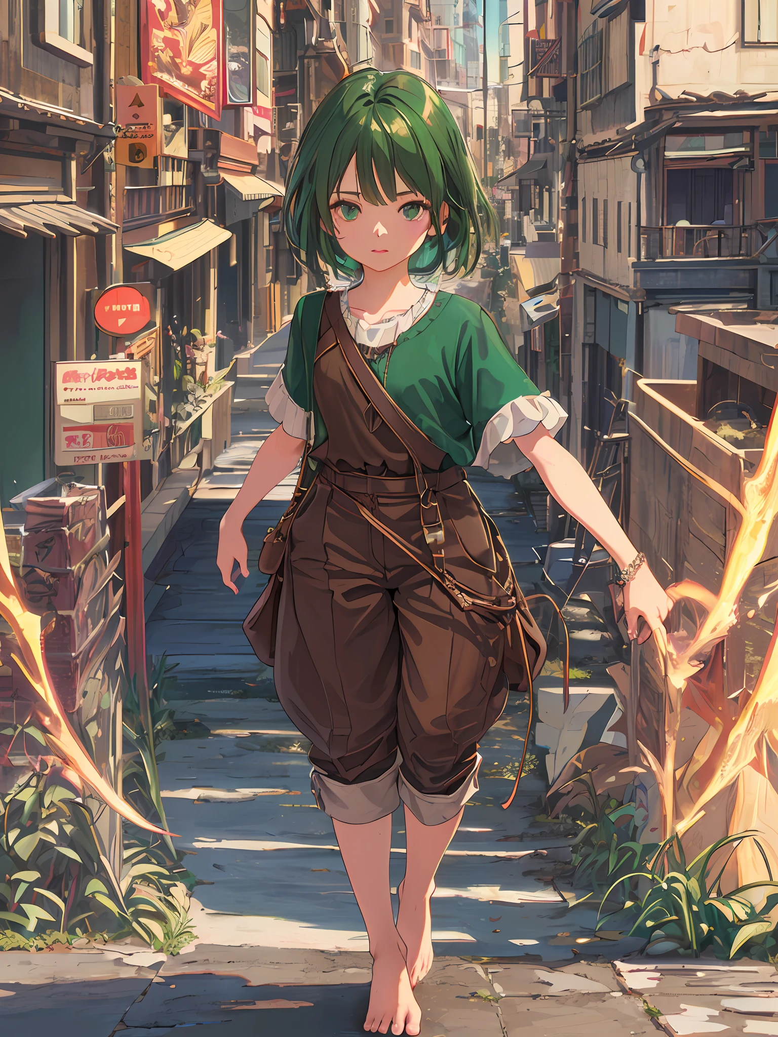 solo, girl, 8 , (running, bag), ((simple brown dress, short sleeve, simple brown pants, barefoot, bracelet)), ((detailed little dirty face, detailed short emerald green hair, detailed beautiful green eyes, detailed light skin, realistic skin, detailed hands)), (full body photo), (looking at the viewer), (best quality, masterpiece, perfect image, sharp focus, hyper-detailed, tone mapping, 8k uhd, Ultra quality CG, best intricate details, RAW photo, photorealism), (very dark lip gloss, so many eyelashes, high quality, high resolution, depth of field, chromatic aberration, natural color, child, oriental), slender figure, (detailed city background, fair, stalls, antique)