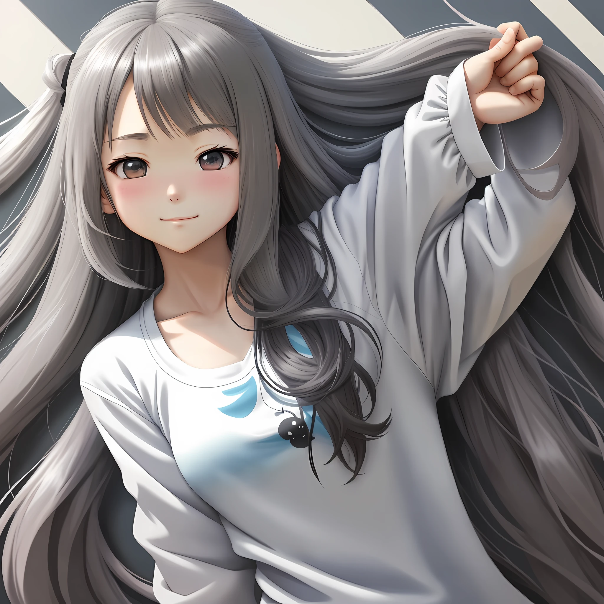 Anime girl with long hair and white shirt holding head, (anime girl), Rin, anime shadow), Hanayada, anime boy, anime style, anime style, blow blow, [[[grin]]]], reduced saturation!!, Hiroki Rei, anime moe art style, Saori, dramatic smirk pose, Q version, stick figures, gray tones,