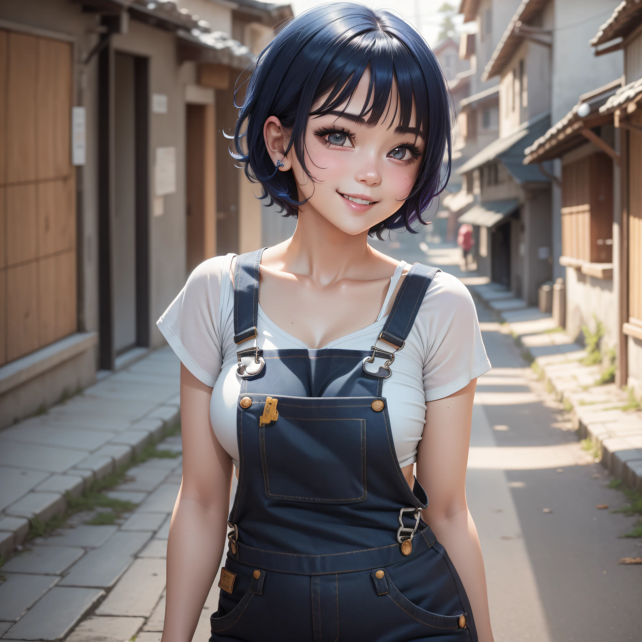 A Cute Girl with white skin, sexy body, size (small), chubby, short hair (up to the shoulders) and black, blue hair tones [bright], curious look, bbwchan, clothing (red overalls), round face, anime style, running, smile, in a village, anime style, realistic lighting, Radiosity, Close Up