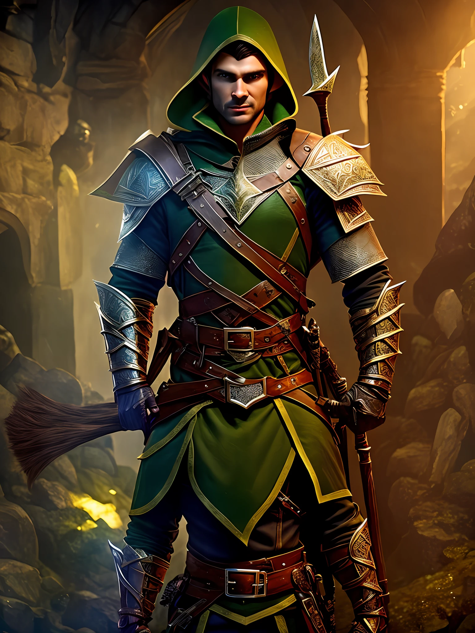 an elf archer man, ranger, dark hair, fully dressed in leather armor, in a dungeon, masterpiece, best quality, high contrast, soft lighting, backlighting, bloom, light sparkles, chromatic aberration, smooth, sharp focus