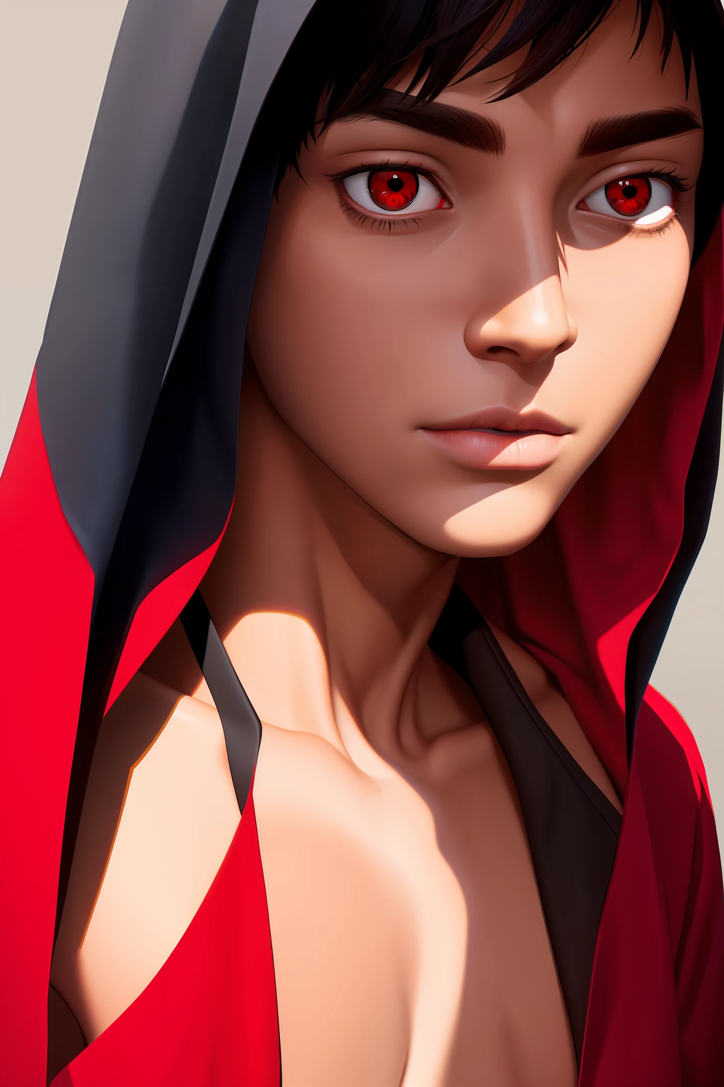 young man with a red and black hood from the front, little hid his face, showing from his chest, shoulder and his entire head