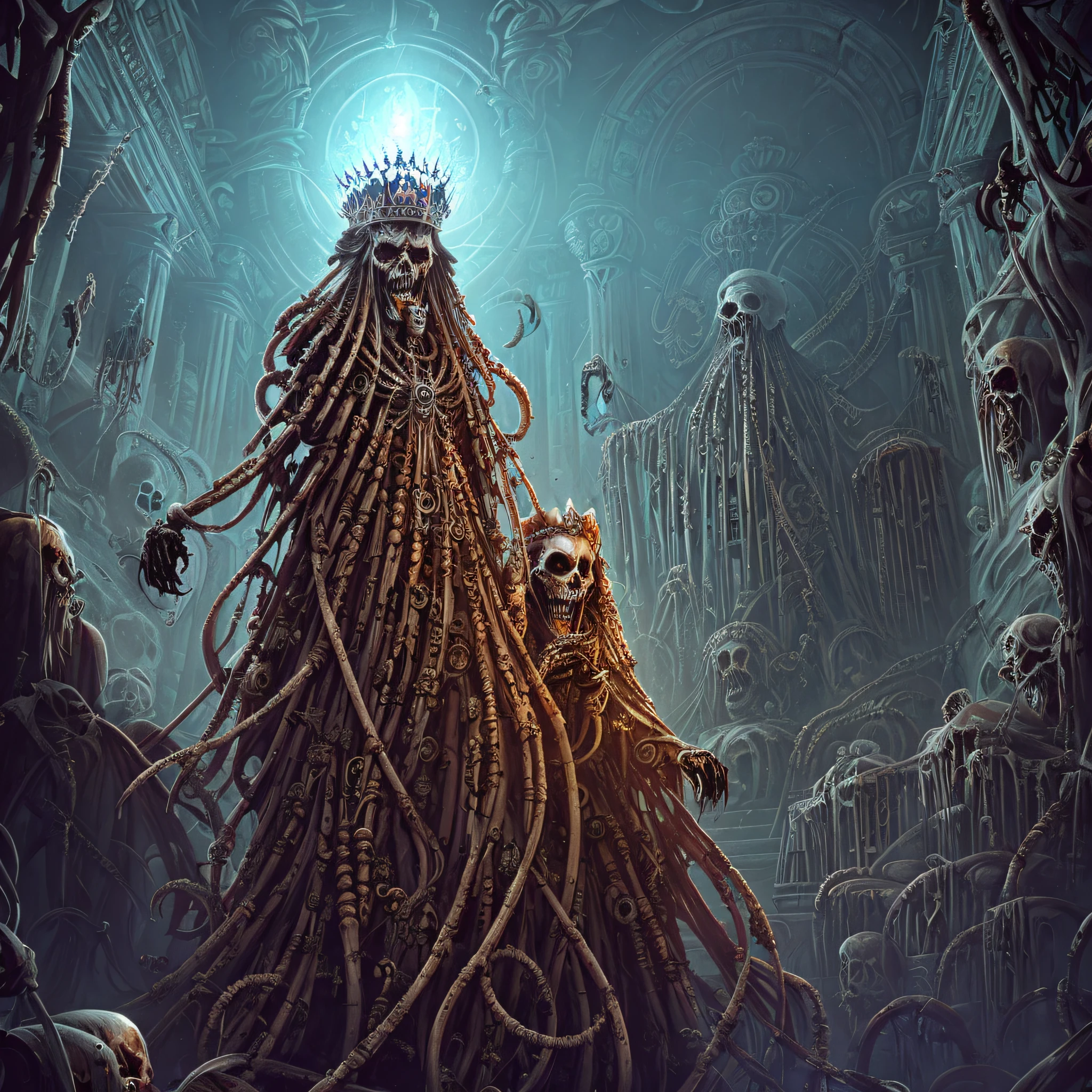 "(illustration of horror by Apterus:1.2), with an abominable screaming skeletal queen, wearing a crown of skulls, inside an ancient temple (Terrifying Anatomy of Apterus:1.2)."