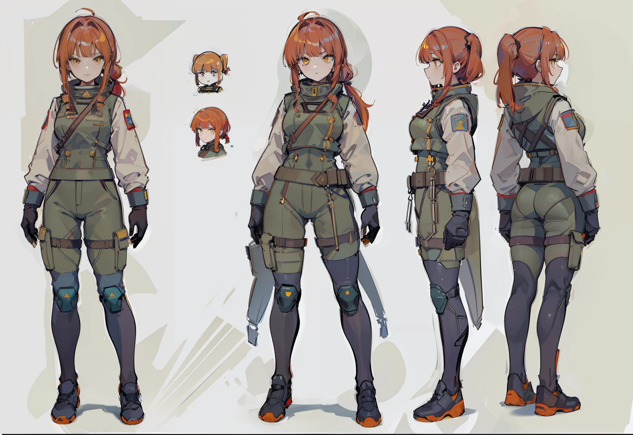 1girl, slavic girl, reference sheet, character design, front angle, side angle, rear angle, dynamic poses, (masterpiece:1.2), (best quality:1.3), Russian tanker uniform, soldier, sci-fi, hazmat, soviet, cosmonaut, baggy sleeves, big sleeves, (red hair), (yellow eyes), (pony tail), (long bangs), (vibrant eyes), (large hips), (thick thighs)