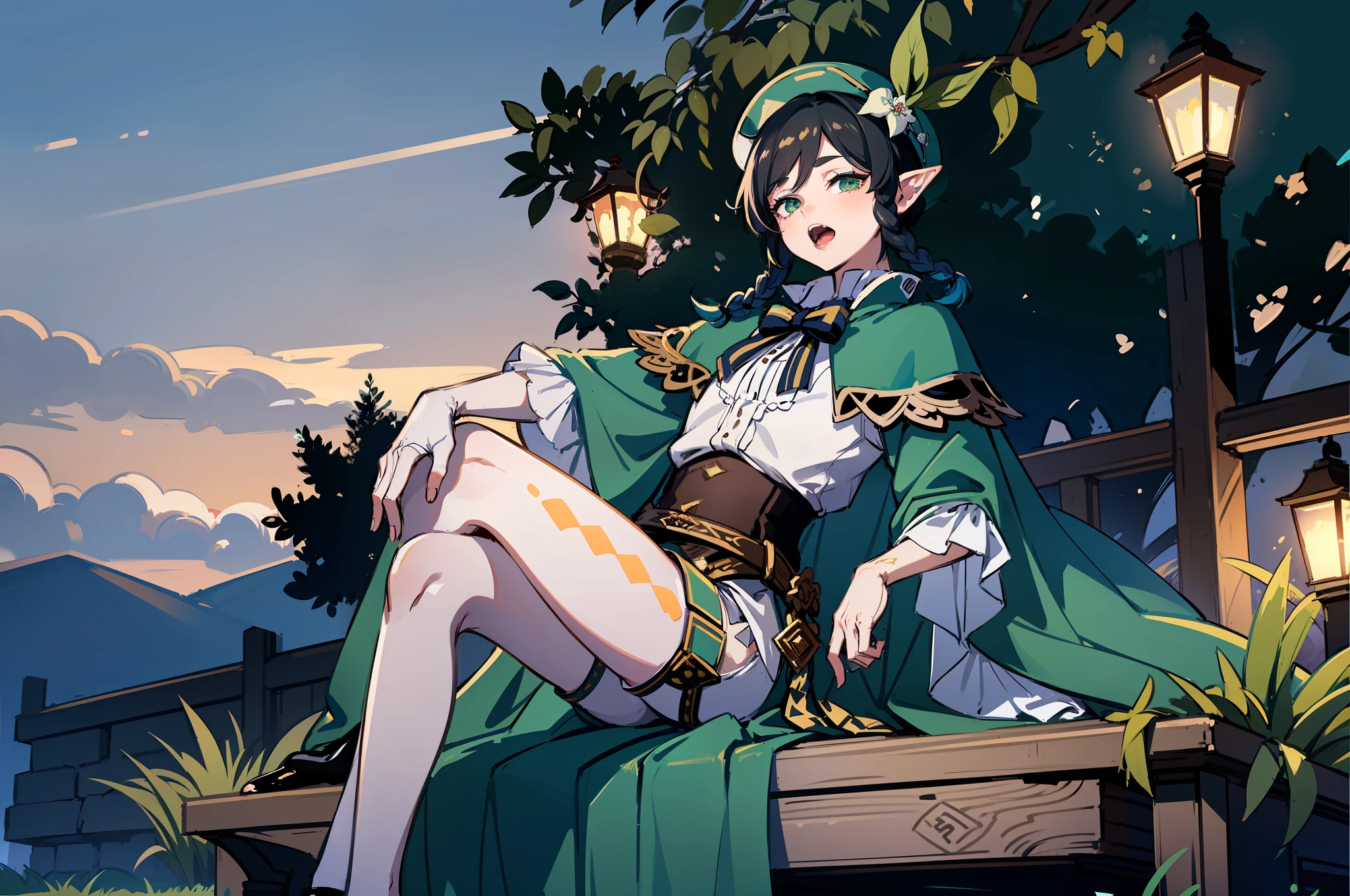 1 boy, 17 years old, tall, double braids, pale skin, completely green eyes, ears like elves, glowing green tattoos all over, royal costume, sitting on a cloud, looking at the earth on your shoulder, sky in background, detailed face, detailed hands, detailed legs, detailed fingers, detailed hair, detailed eyes, detailed skin, dynamic lighting, 8K UHD, (super realistic), (photo realistic), (masterpiece), (best quality), (male focus: 1.5) (NSFW: 1.2), correct limbs, femboy, (ahegao:1.3), green hat, white stockings, brown leather shoes, Jiro legs