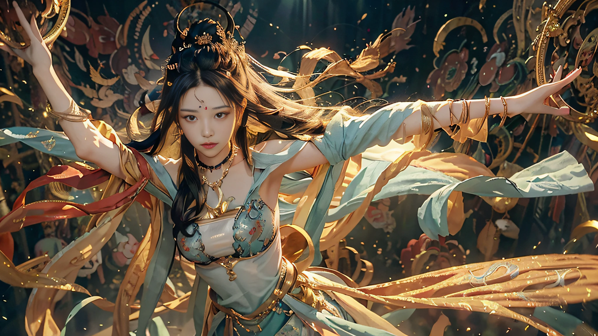 nsfw, (RAW Photo, Best Quality), (Realistic, Photo Realistic: 1.3), Best Quality, Highly Detailed, Dancing, Flying, Floating, Levitating, Floating, Dynamic Pose, Masterpiece, Ultra Detailed, Illustration, 1 Girl, upper_body, Dynamic Angle, World Masterpiece Theater, messy_long_hair, Best Quality, Extremely Detailed CG Unity 8k wallpaper, ink, amazing, cinematic lighting, lens_flare, dunhuang_ style,