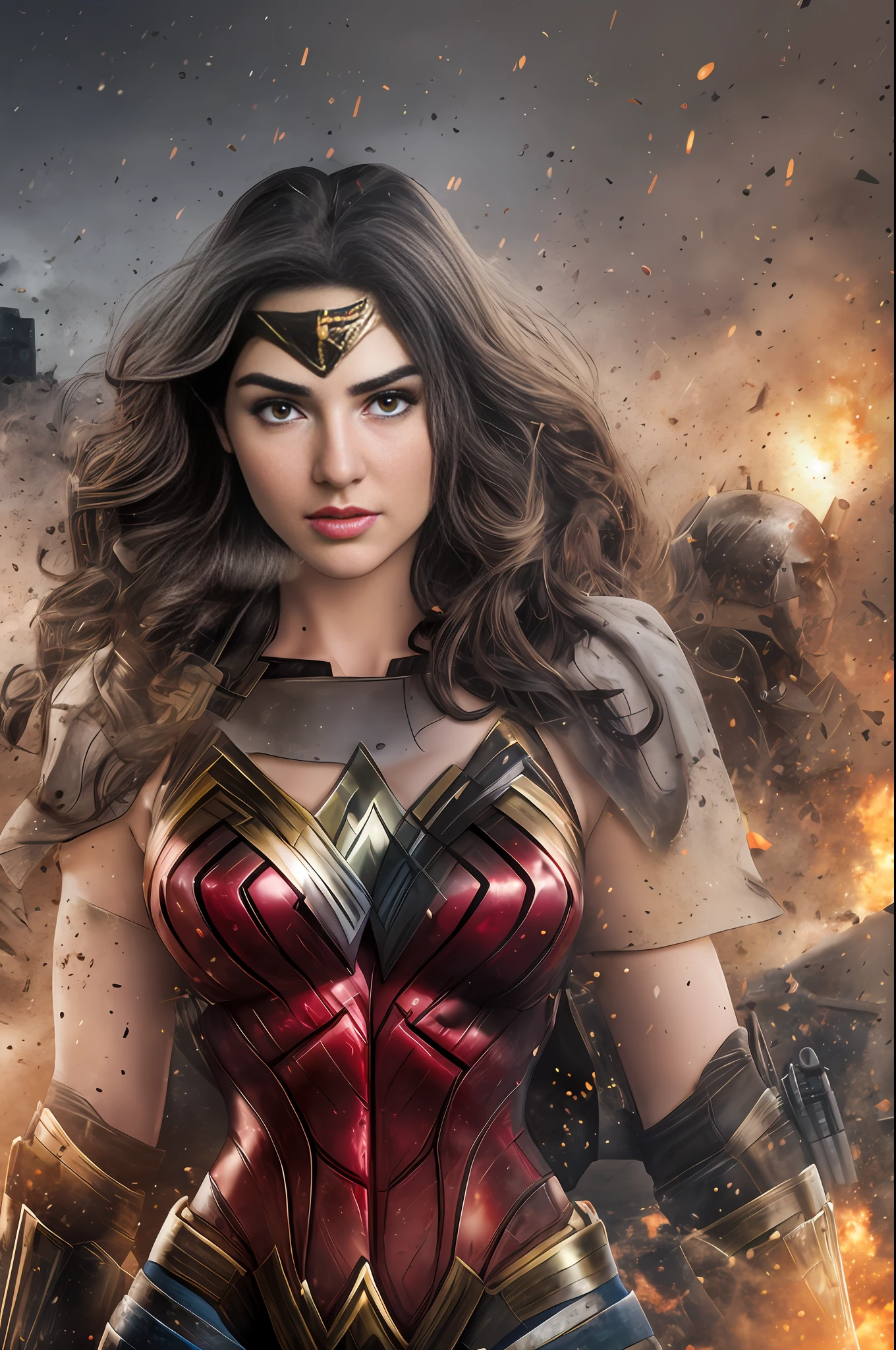 Gal Gadot as Wonder Woman and Ben Affleck as Batman, backgroud WWII tanks and soldiers with explosions, sky red, action scene, realistic, Fujifilm XT3, detailed, high definicion, ultra resolution, 64k, --auto --s2