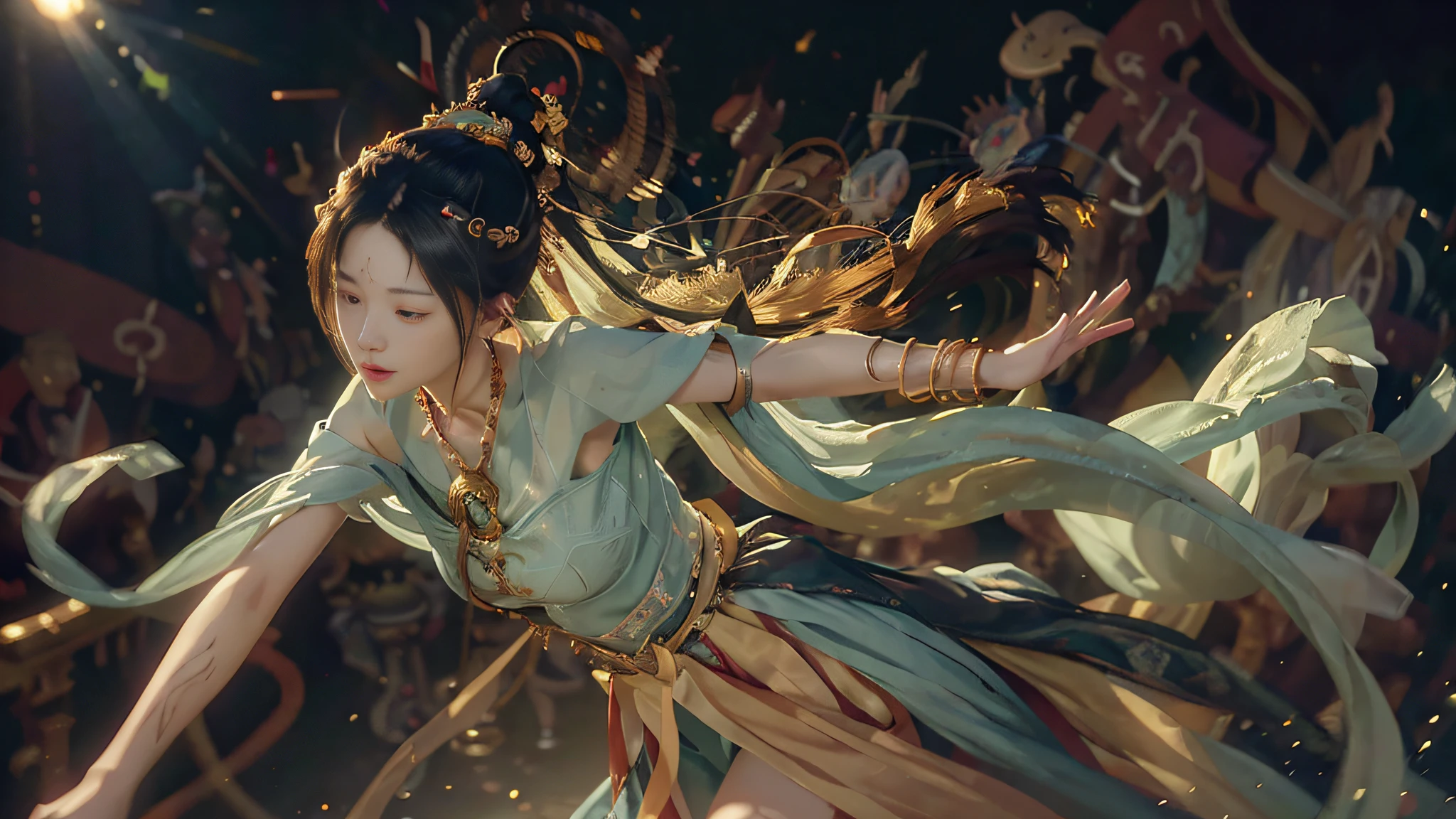 nsfw, (RAW Photo, Best Quality), (Realistic, Photo Realistic: 1.3), Best Quality, Highly Detailed, Dancing, Flying, Floating, Levitating, Floating, Dynamic Pose, Masterpiece, Ultra Detailed, Illustration, 1 Girl, upper_body, Dynamic Angle, World Masterpiece Theater, messy_long_hair, Best Quality, Extremely Detailed CG Unity 8k wallpaper, ink, amazing, cinematic lighting, lens_flare, dunhuang_ style,