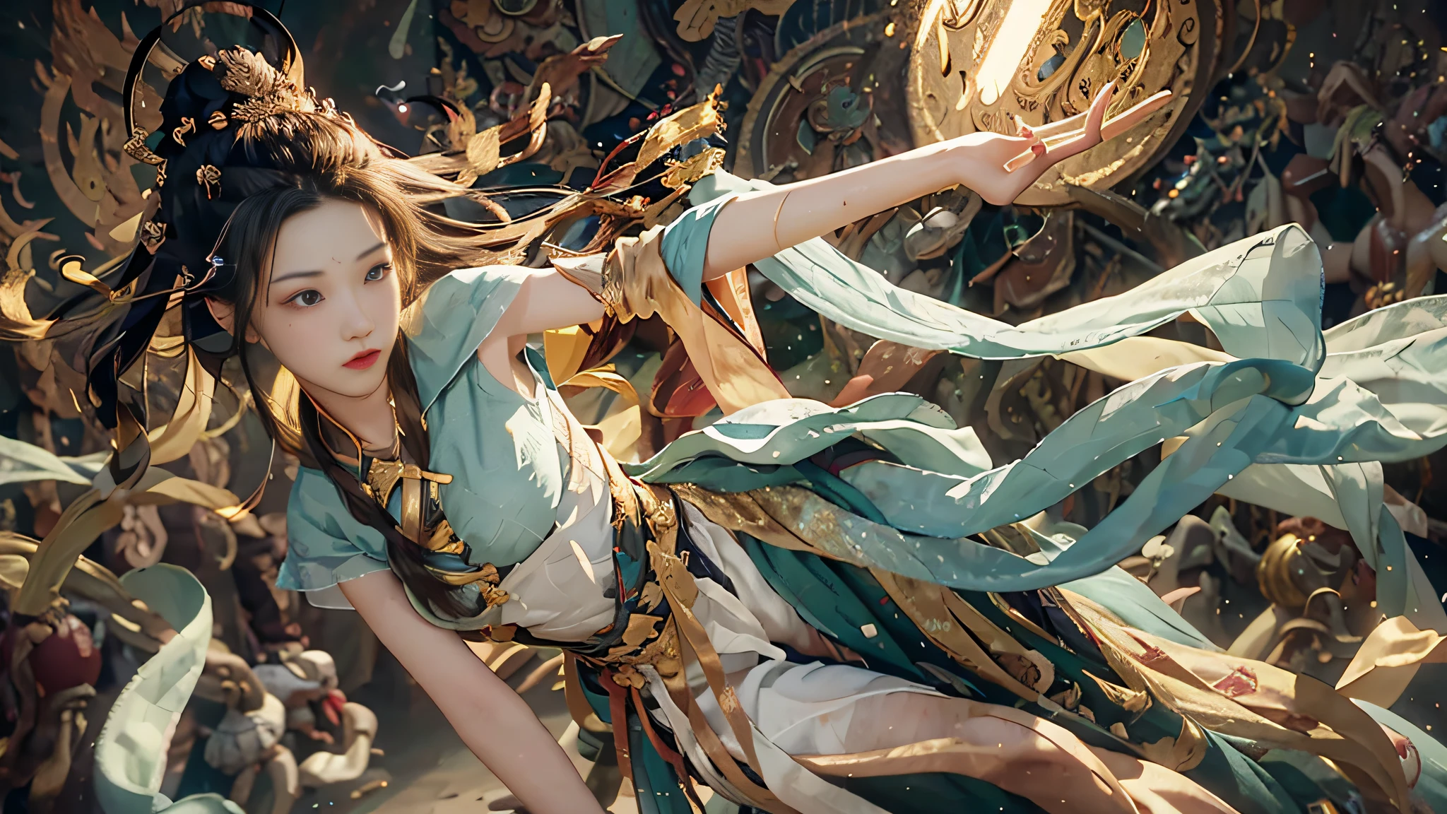 nsfw, (RAW Photo, Best Quality), (Realistic, Photo Realistic: 1.3), Best Quality, Highly Detailed, Dancing, Flying, Floating, Levitating, Floating, Dynamic Pose, Masterpiece, Ultra Detailed, Illustration, 1 Girl, upper_body, Dynamic Angle, World Masterpiece Theater, messy_long_hair, Best Quality, Extremely Detailed CG Unity 8k wallpaper, ink, amazing, cinematic lighting, lens_flare, dunhuang_ style,