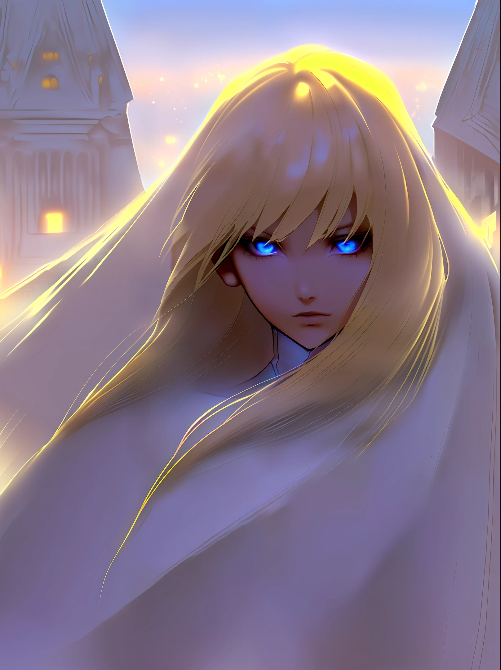A young woman dressed in a glowing white body suit, stands atop a building overlooking the city, blonde long hair, She extends her hands, creating powerful daggers of light that she wields with deadly precision. ((Marvel Comics, superhero, night scene, dramatic lighting, high contrast, glowing effects, action poses))