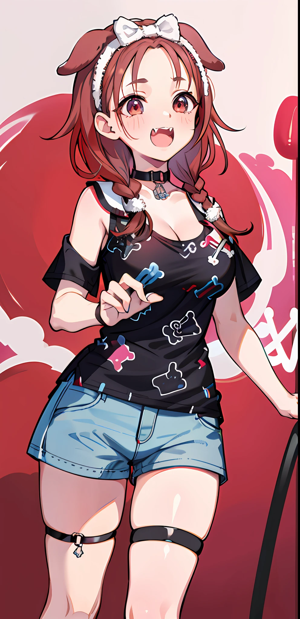 masterpiece, high quality, highres, absurdres, ultra-detailed, detailed eyes, 8k, ti-emb_kobo-kanaeru, 1girl, colorful eyes, fangs, open mouth, bangs, colorful background, looking at viewer, vibrant, contrast, red hair, red hair, gradient hair, happy, graffiti wall background, water splash, close up,masterpiece, best quality, highres, ik3, black shirt, animal ears, brown hair, forehead, bow hairband, cleavage, black choker, large breasts, thigh strap, print shirt, sleeveless shirt, short shorts, fangs, cowboy shot, smile, indoors