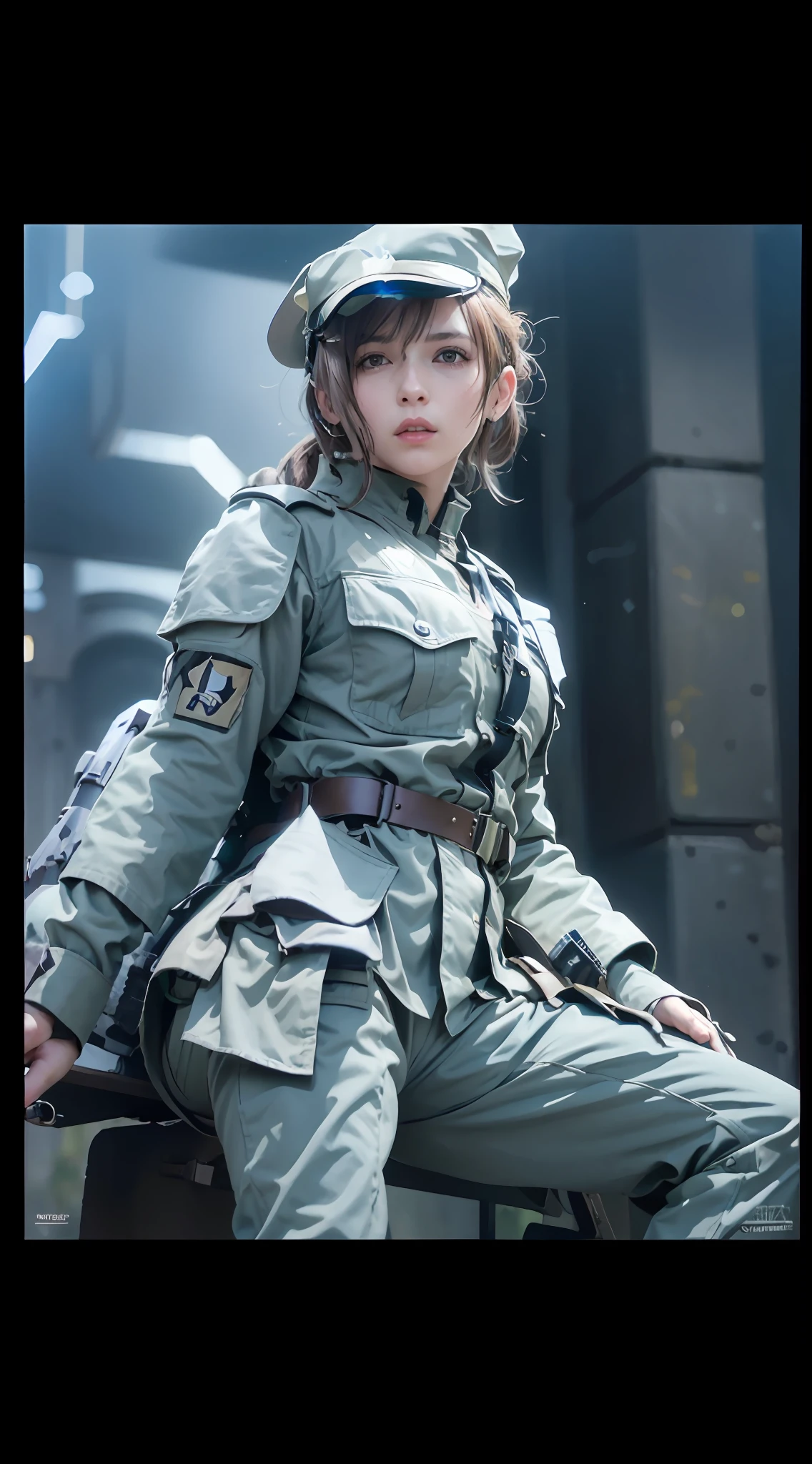 araffe in a military uniform sitting on a bench, mechanized soldier girl, quiet from metal gear solid, soldier girl, wearing military outfit, infantry girl, emma watson vietnam door gunner, dieselpunk soldier girl, military outfit, soldier outfit, quiet from metal gear solid v, military girl, solo female character, army girl outfit, from metal gear