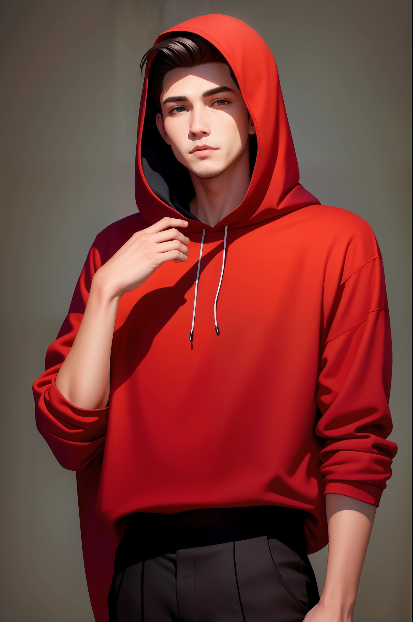 young man with red and black hood in front,