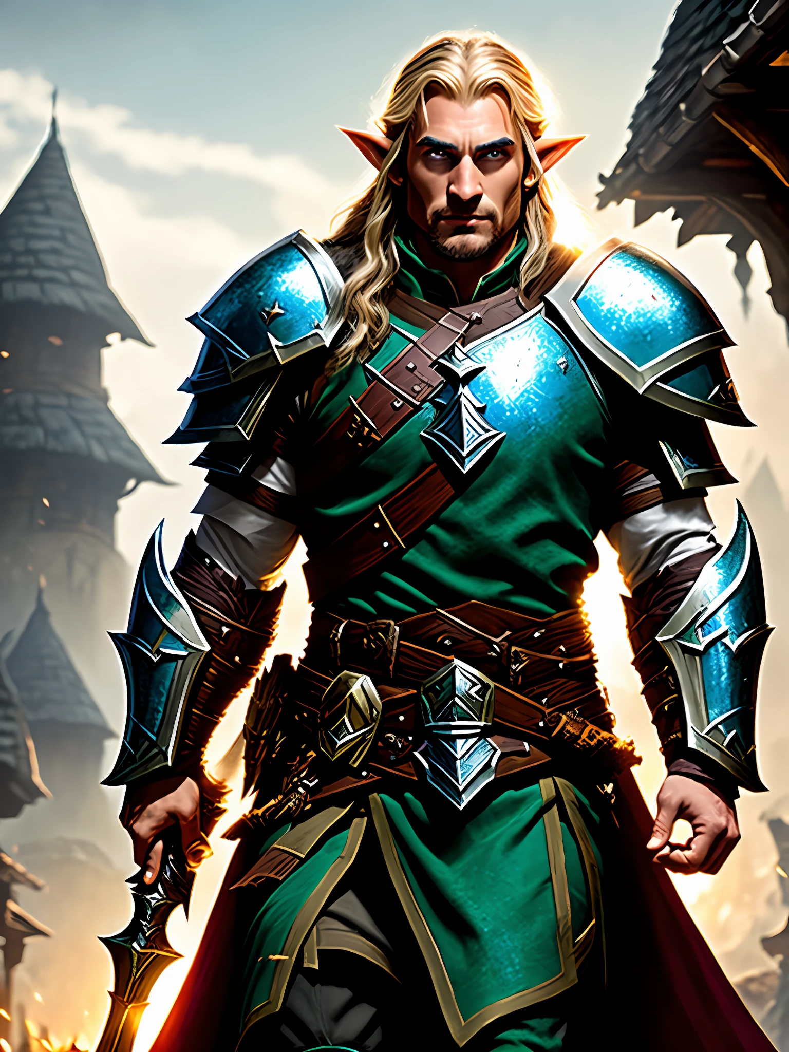 A strong elf paladin, fully clothed in Coleron's armor, in a fantasy village, fighting orcs, D&amp;D, masterpiece, best quality, high contrast, soft lighting, backlighting, blooming, light glows, chromatic aberration, smooth, sharp focus