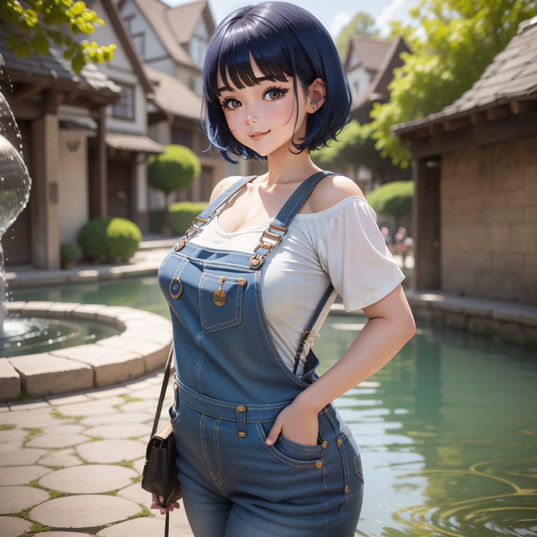 A Cute Girl with white skin, sexy body, size (small), chubby, short hair (up to the shoulders) and black, blue hair tones [bright], curious look, bbwchan, clothing (overalls), round face, anime style, crouch, smile, in a village (near a fountain), anime style, realistic lighting, Radiosity, Close Up