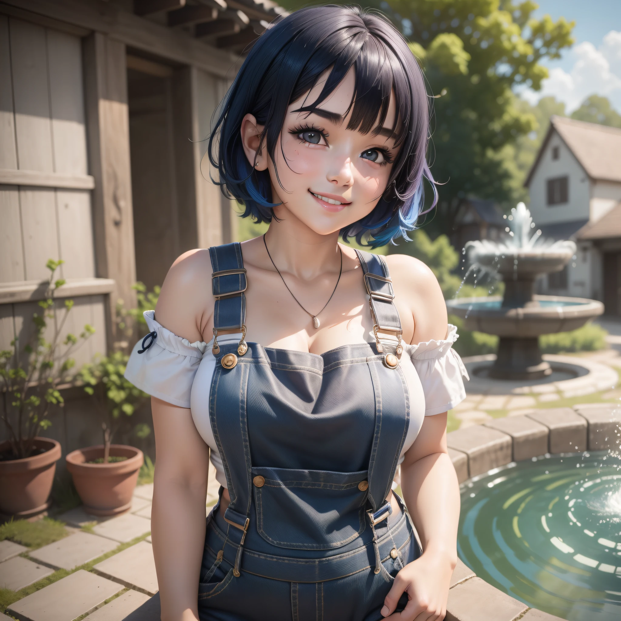 A Cute Girl with white skin, sexy body, size (small), chubby, short hair (up to the shoulders) and black, blue hair tones [bright], curious look, bbwchan, clothing (overalls), round face, anime style, crouch, smile, in a village (near a fountain), anime style, realistic lighting, Radiosity, Close Up
