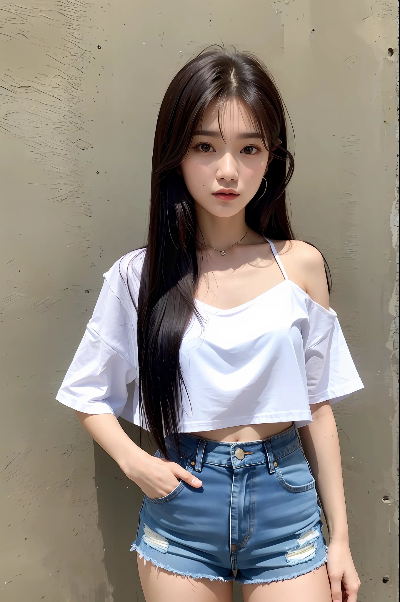 (Best Quality, Masterpiece: 1.2), Woman, Portrait, Low-cut Shirt (Chestless), Denim Shorts, Mullet Head, Long Black Hair, Brown Eyes, Outdoor