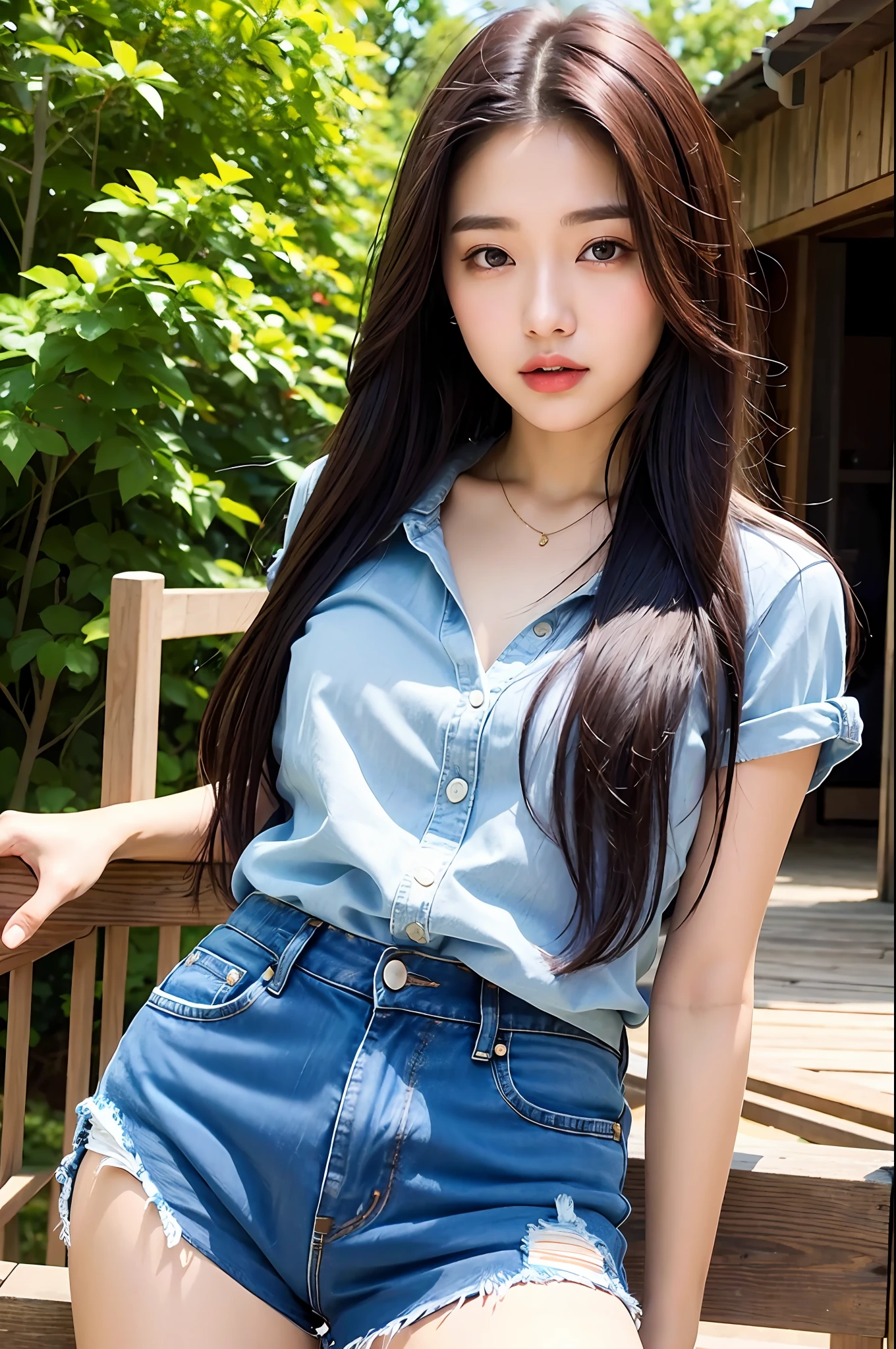 (Best Quality, Masterpiece: 1.2), Woman, Portrait, Low-cut Shirt (Chestless), Denim Shorts, Mullet Head, Long Black Hair, Brown Eyes, Outdoor