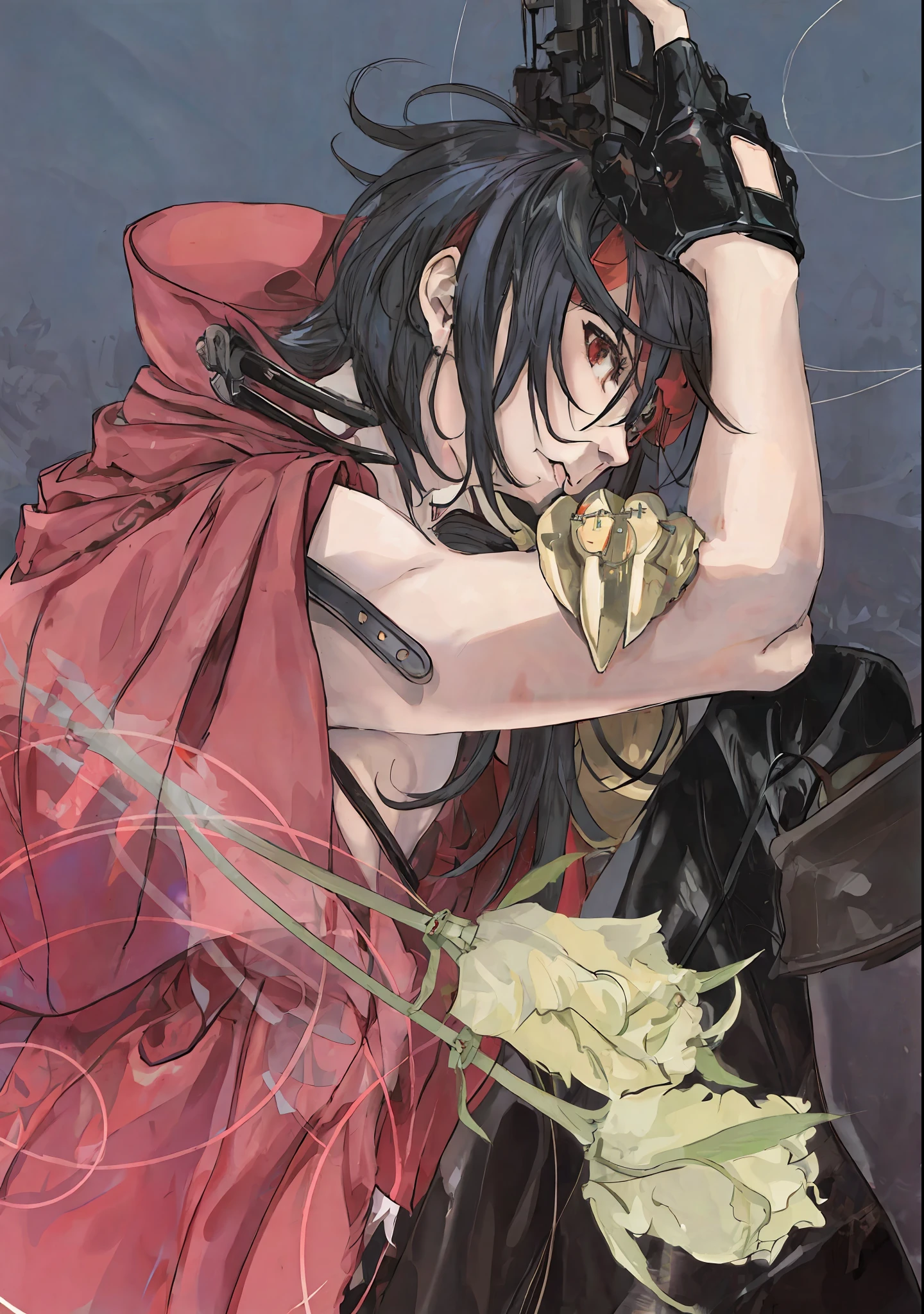 anime girl with a gun and a red cape holding a flower, by shirow masamune, shirow masamune, masayoshi suto and artgerm, black - haired mage, range murata and artgerm, bayonetta, zerochan art, shigenori soejima illustration, l vampire, zerochan, inspired by Yamagata Hiro