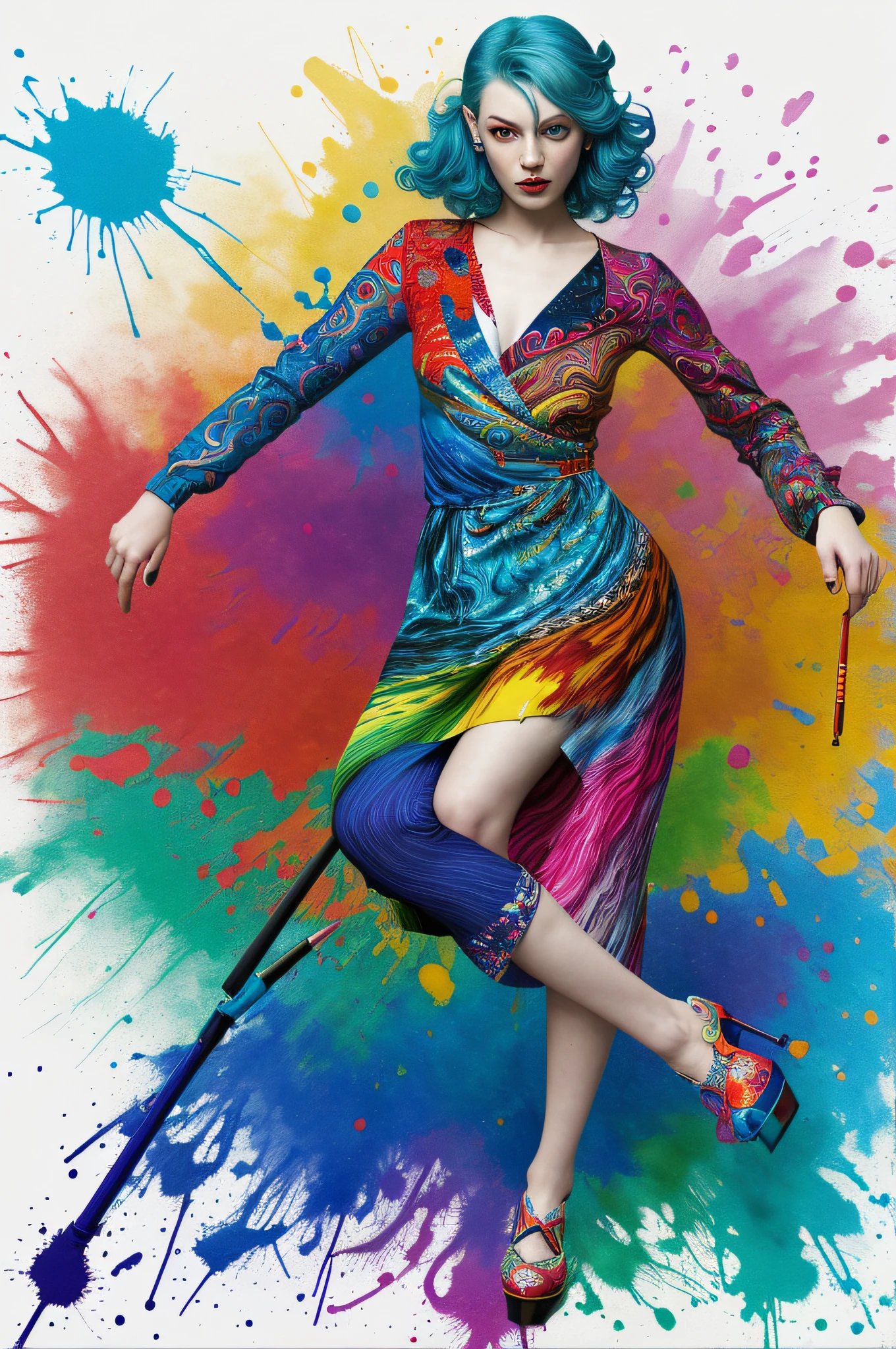 a woman with blue hair wearing a colorful outfit and a colorful background with paint splatters on it, by Hirohiko Araki,official art, unity 8k wallpaper, ultra detailed, beautiful and aesthetic, masterpiece, best quality, (zentangle, mandala, tangle, entangle), 1girl, extremely detailed, dynamic angle, cowboyshot, the most beautiful form of chaos, elegant, a brutalist designed, vivid colours, romanticism, by james jean, roby dwi antono, ross tran, francis bacon, michal mraz, adrian ghenie, petra cortright, gerhard richter, takato yamamoto, ashley wood, atmospheric, ecstasy of musical notes, streaming musical notes visible