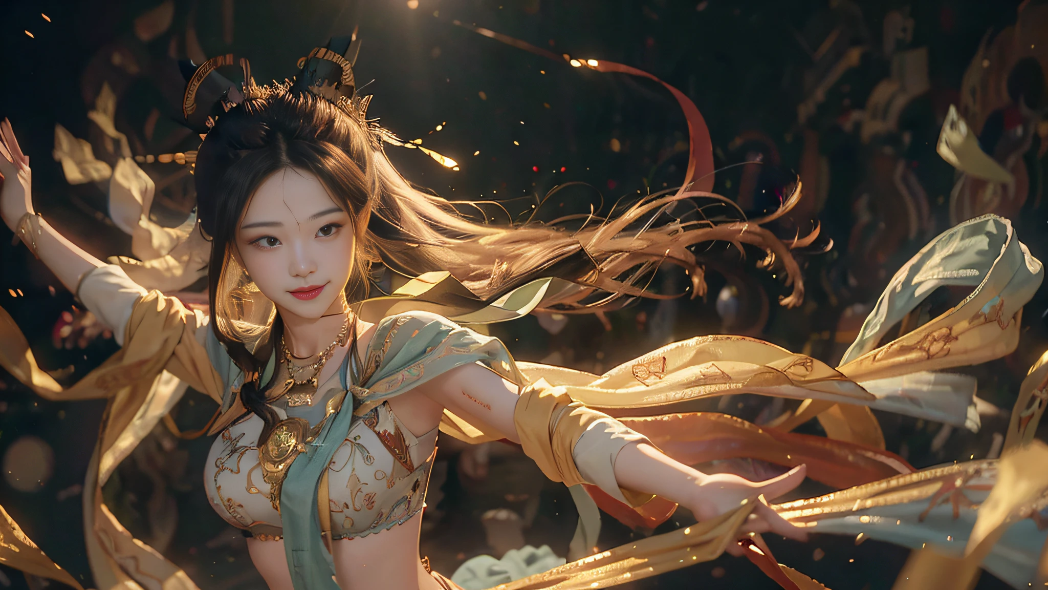 nsfw, (RAW photo, best quality), (realistic, photo realistic: 1.3), best quality, highly detailed, dancing, flying, panorama, vista, smile, shy, floating, levitating, dynamic pose, masterpiece, super detailed, illustration, 1 girl, upper_body, dynamic angle, world masterpiece theater, messy_long_hair, best quality, extremely detailed CG Unity 8k wallpaper, ink, amazing, cinematic lighting, lens_ flare,dunhuang_style,