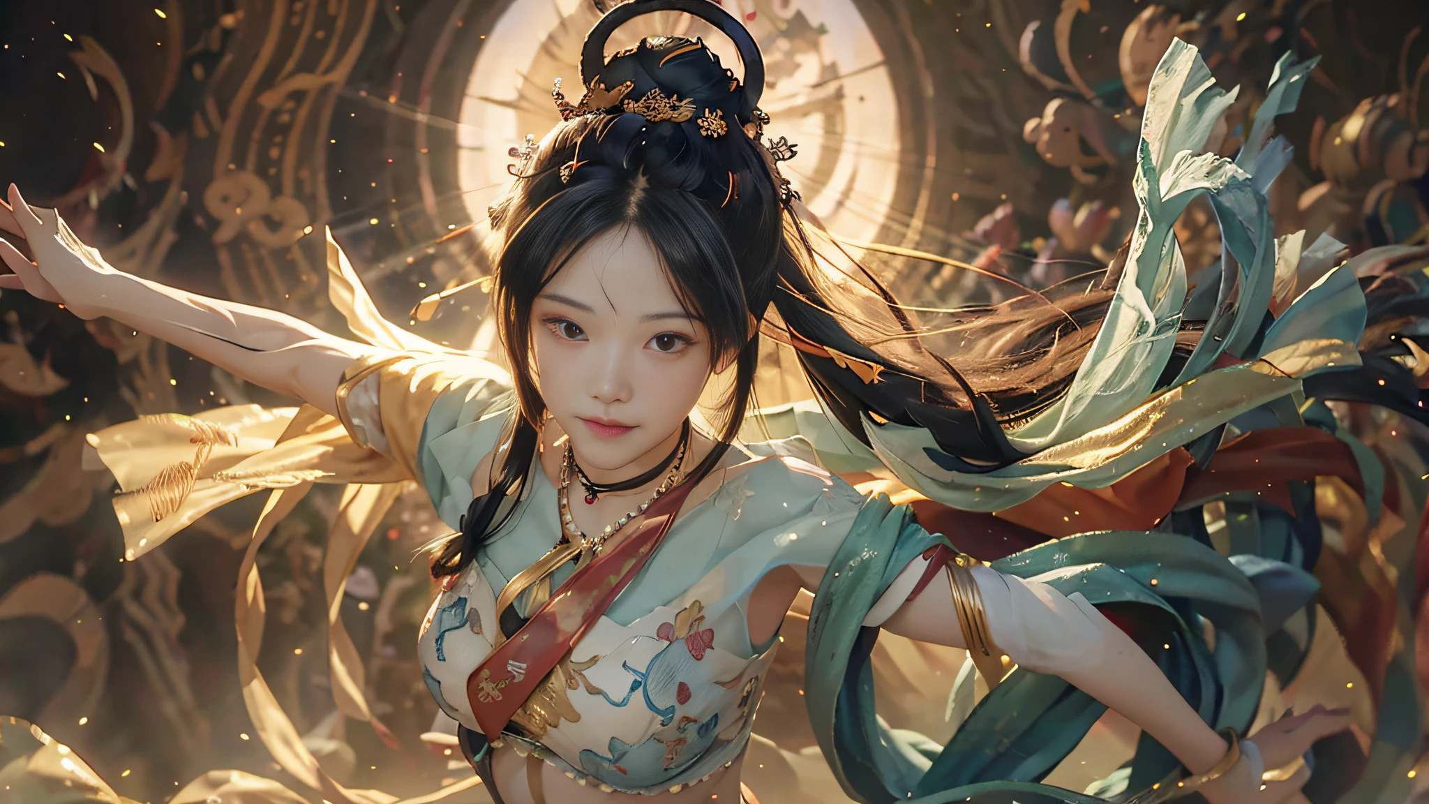 nsfw, (RAW photo, best quality), (realistic, photo realistic: 1.3), best quality, highly detailed, dancing, flying, panorama, vista, smile, shy, floating, levitating, dynamic pose, masterpiece, super detailed, illustration, 1 girl, upper_body, dynamic angle, world masterpiece theater, messy_long_hair, best quality, extremely detailed CG Unity 8k wallpaper, ink, amazing, cinematic lighting, lens_ flare，dunhuang_style，
