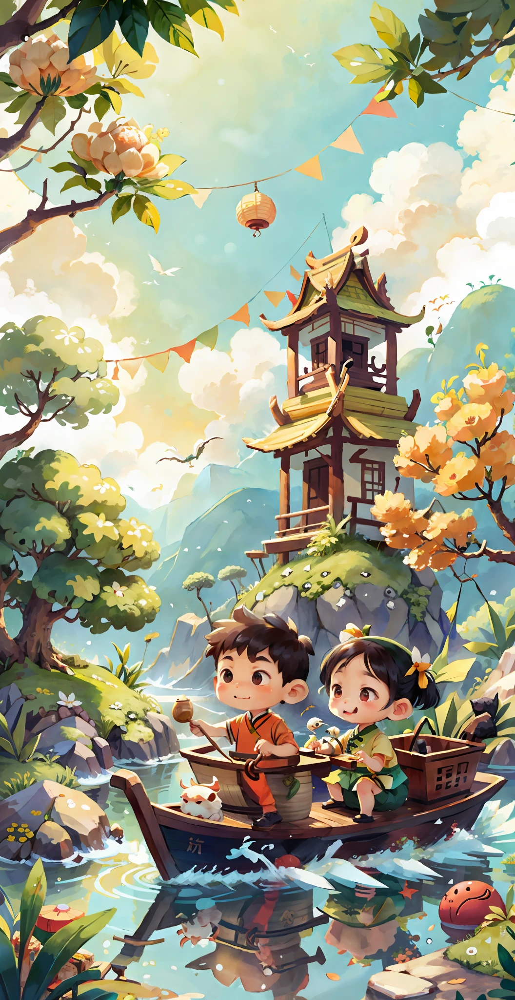 There is a dragon boat on the water, cute little zongzi a girl and a littleide the captain to eat zongzi
, zongzi, Chinese clothing, sky, birds, clouds, many zongzi underground
Book illustrations, cute and
Dreamy, light orange and white, eco-friendly
Portraiture, dreamlike realism, printed by Holotone.
Emerald and amber,