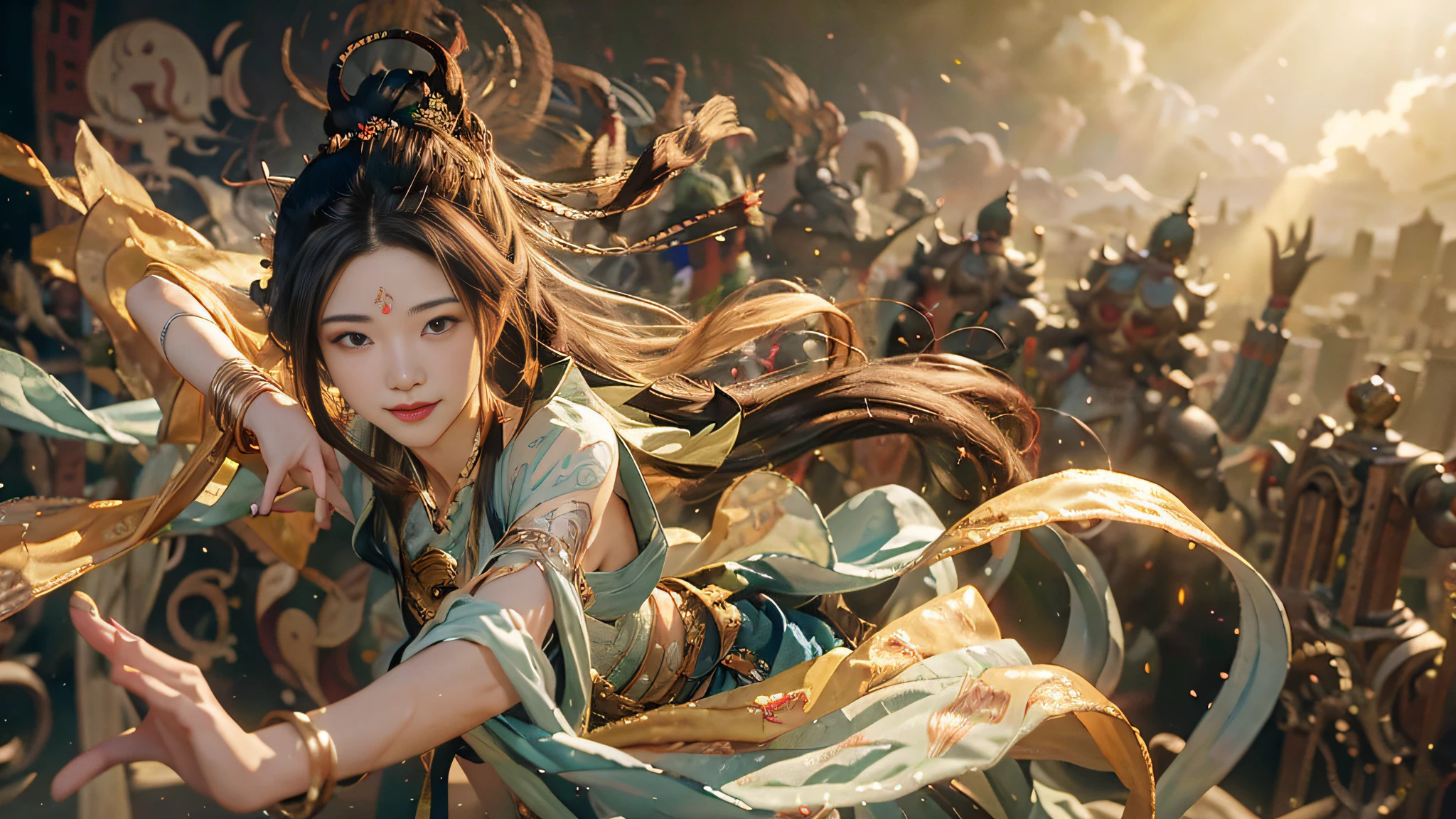 nsfw, (RAW photo, best quality), (realistic, photo realistic: 1.3), best quality, highly detailed, dancing, flying, panorama, vista, smile, shy, floating, levitating, dynamic pose, masterpiece, super detailed, illustration, 1 girl, upper_body, dynamic angle, world masterpiece theater, messy_long_hair, best quality, extremely detailed CG Unity 8k wallpaper, ink, amazing, cinematic lighting, lens_ flare,dunhuang_style,