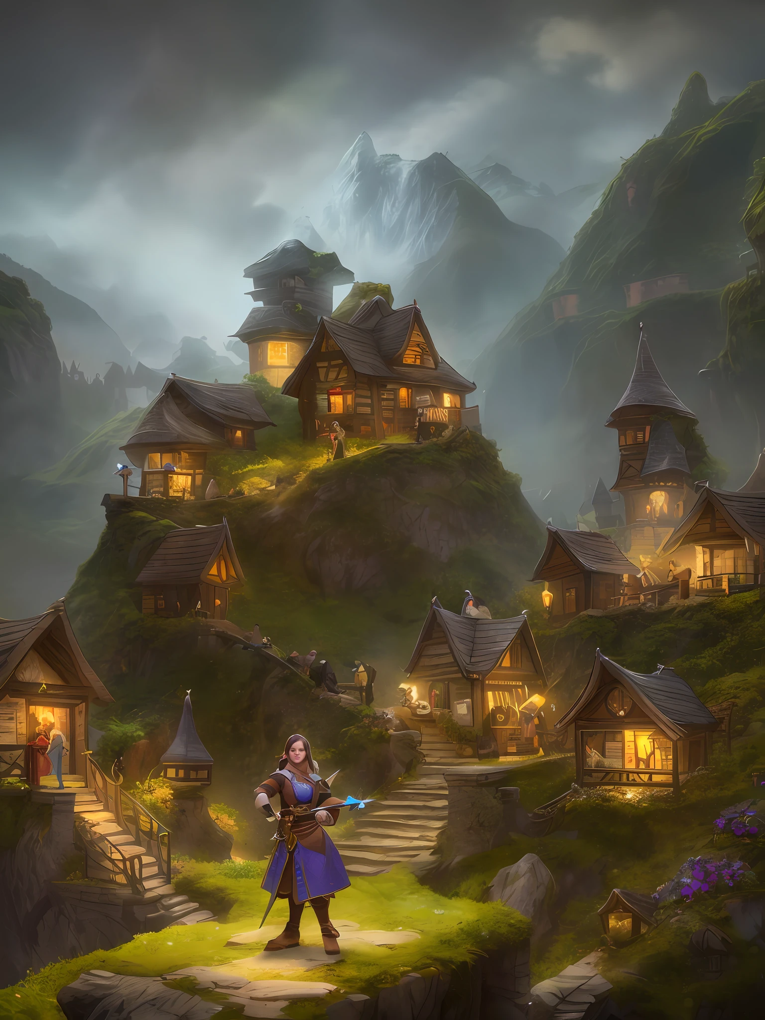 modelshoot style, award-winning digital art of a woman halflings bard, short stature, fully clothed, in a fantasy village, d&d, masterpiece, best quality, high contrast, soft lighting, backlighting, blooming, light glows, chromatic aberration, smooth, sharp focus