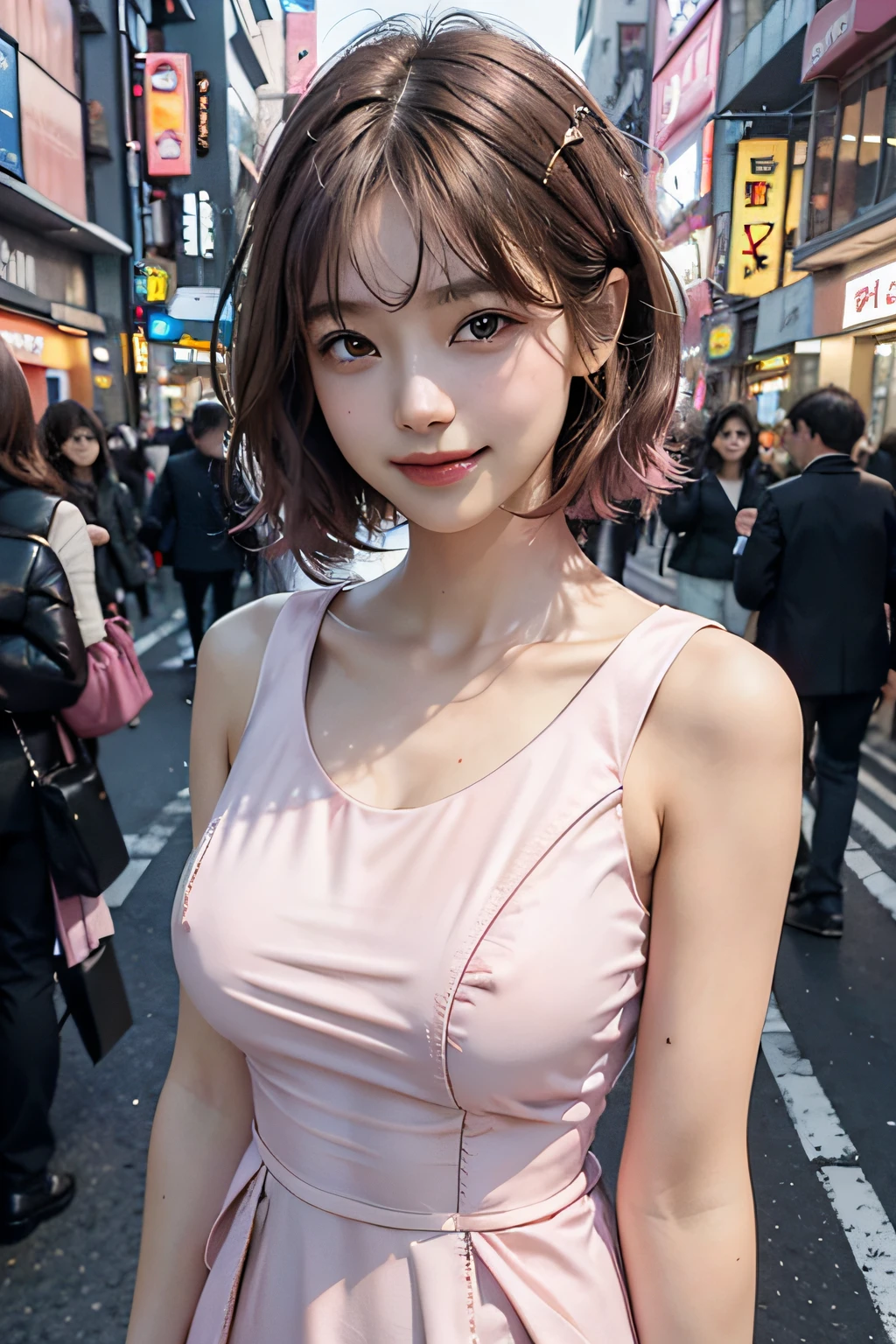 ((((short hair)))), ((((brown hair)))), best quality, 8K, HDR, highres, absurdres:1.2, blurry background, bokeh:1.2, Photography, (RAW photo:1.2), (photorealistic:1.4), (masterpiece:1.3), (intricate details:1.2), 1girl, solo, japanese girl, delicate, beautiful detailed, (detailed eyes), (detailed facial features), petite, beautiful and clear eyes, detail eye pupil, (((large breasts))), skin tight, (looking_at_viewer), from_front, (skinny), (best quality:1.4), (ultra highres:1.2), cinema light, (extreme detailed illustration), (lipgloss, best quality, ultra highres, depth of field, caustics, Broad lighting, natural shading, 85mm, f/1.4, ISO 200, 1/160s:0.75),1girl, solo, ((smile)), (((slim body))), (ulzzang-6500-v1.1:0.5), upper body, ((((pink formal dress:1.2)))), standing,(pureerosface_v1:0.5), Tokyo street,night, cityscape,city lights, close up,