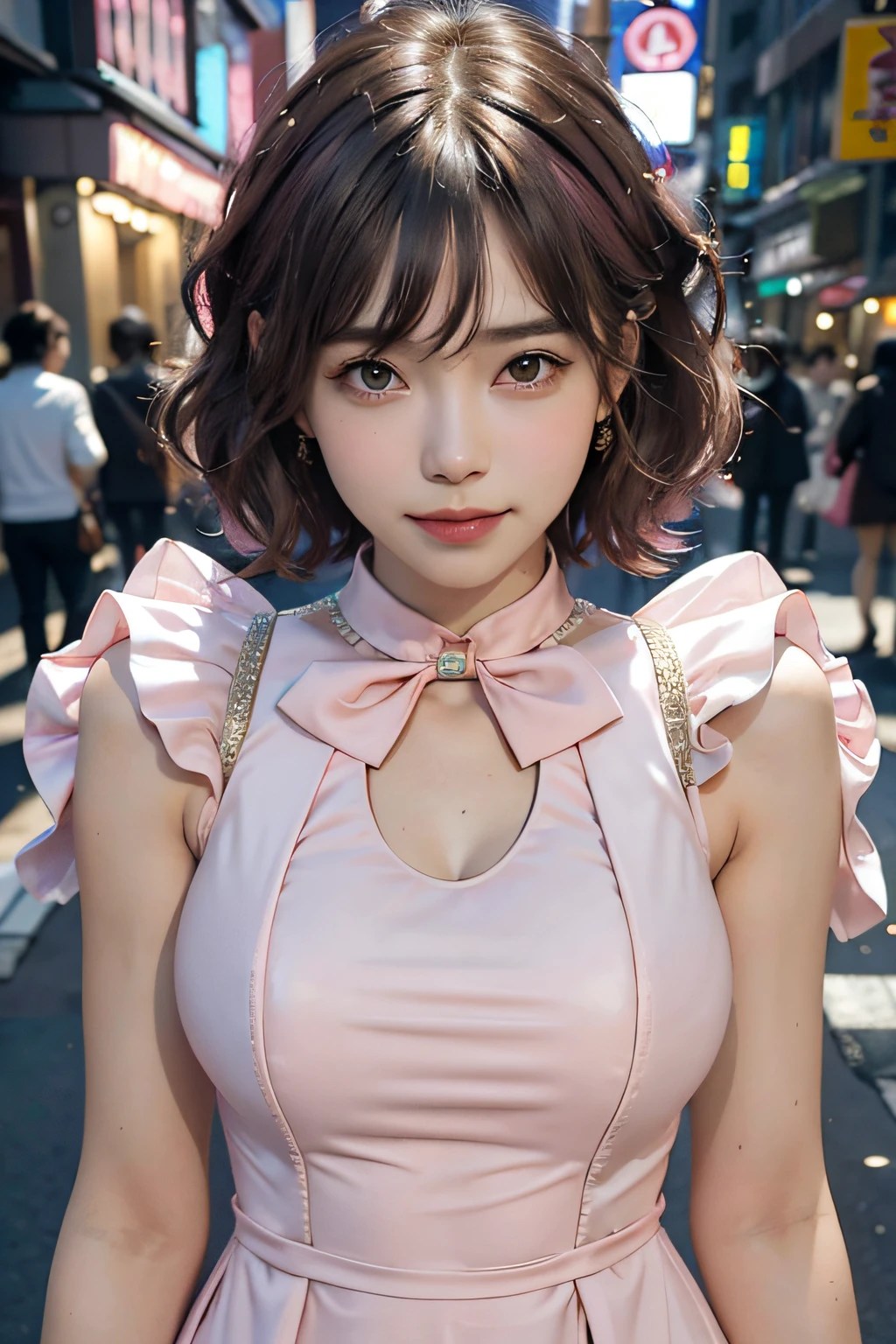 ((((short hair)))), ((((brown hair)))), best quality, 8K, HDR, highres, absurdres:1.2, blurry background, bokeh:1.2, Photography, (RAW photo:1.2), (photorealistic:1.4), (masterpiece:1.3), (intricate details:1.2), 1girl, solo, japanese girl, delicate, beautiful detailed, (detailed eyes), (detailed facial features), petite, beautiful and clear eyes, detail eye pupil, (((large breasts))), skin tight, (looking_at_viewer), from_front, (skinny), (best quality:1.4), (ultra highres:1.2), cinema light, (extreme detailed illustration), (lipgloss, best quality, ultra highres, depth of field, caustics, Broad lighting, natural shading, 85mm, f/1.4, ISO 200, 1/160s:0.75),1girl, solo, ((smile)), (((slim body))), (ulzzang-6500-v1.1:0.5), upper body, ((((pink formal dress:1.2)))), standing,(pureerosface_v1:0.5), Tokyo street,night, cityscape,city lights, close up,