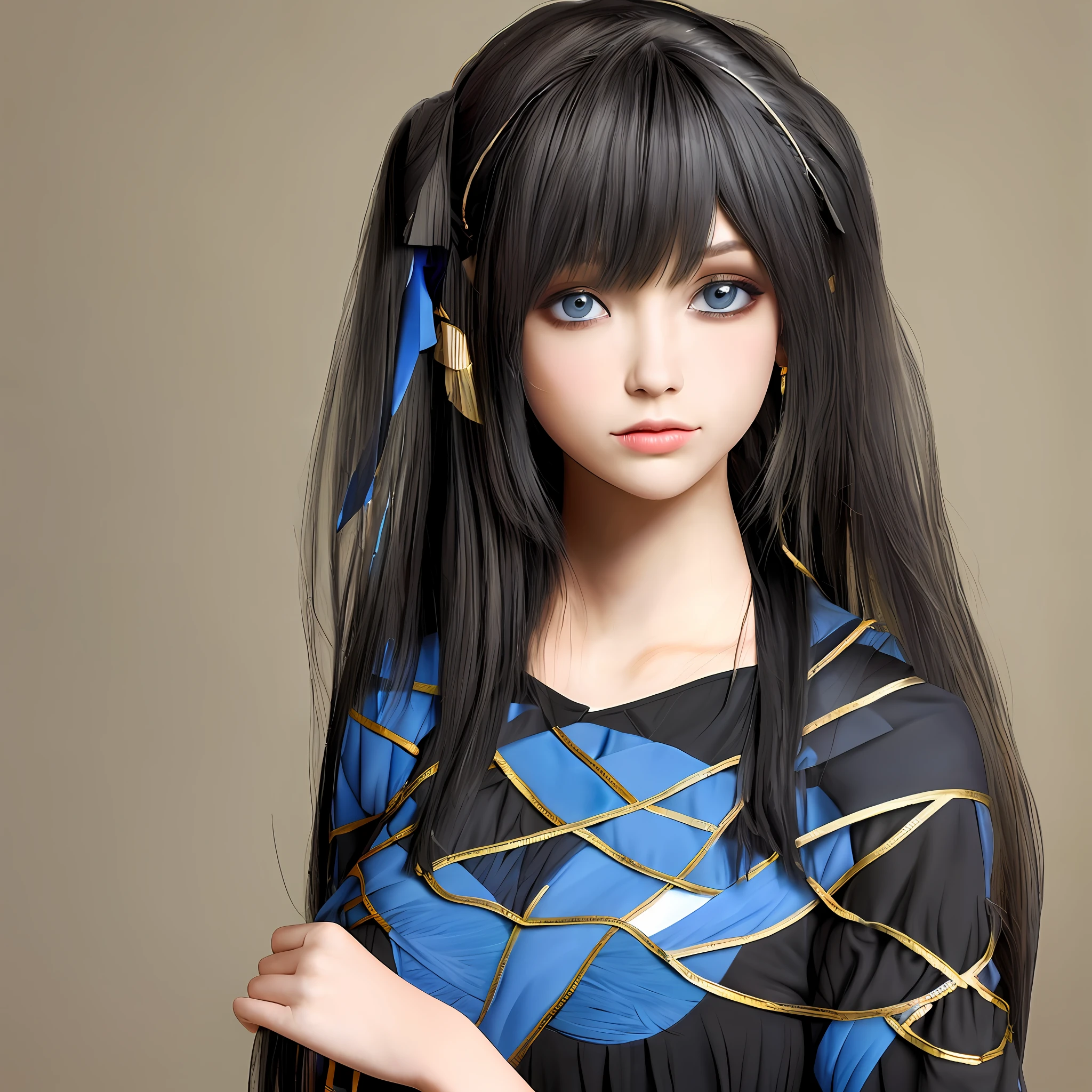 Create a woman with black and blue clothing