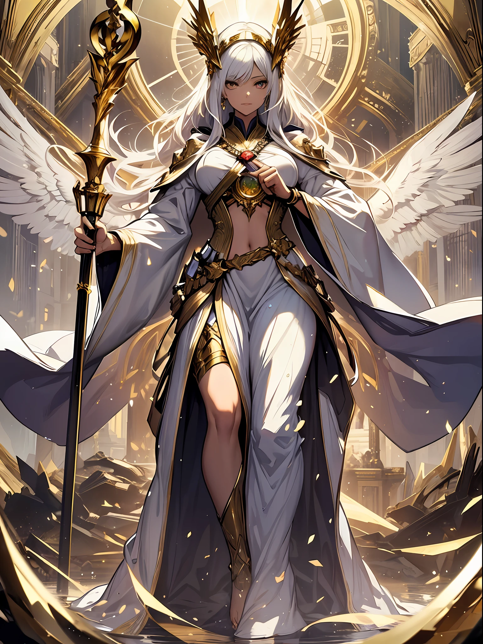 ((high quality)), ((masterpiece)), ((correct dissection)), ((full body character design)), ((female)), light, white robe, holding a gorgeous gold scepter, gold element, representing glory, wealth and power, imposing and demeanor, calm and atmospheric, people can't help but feel awe