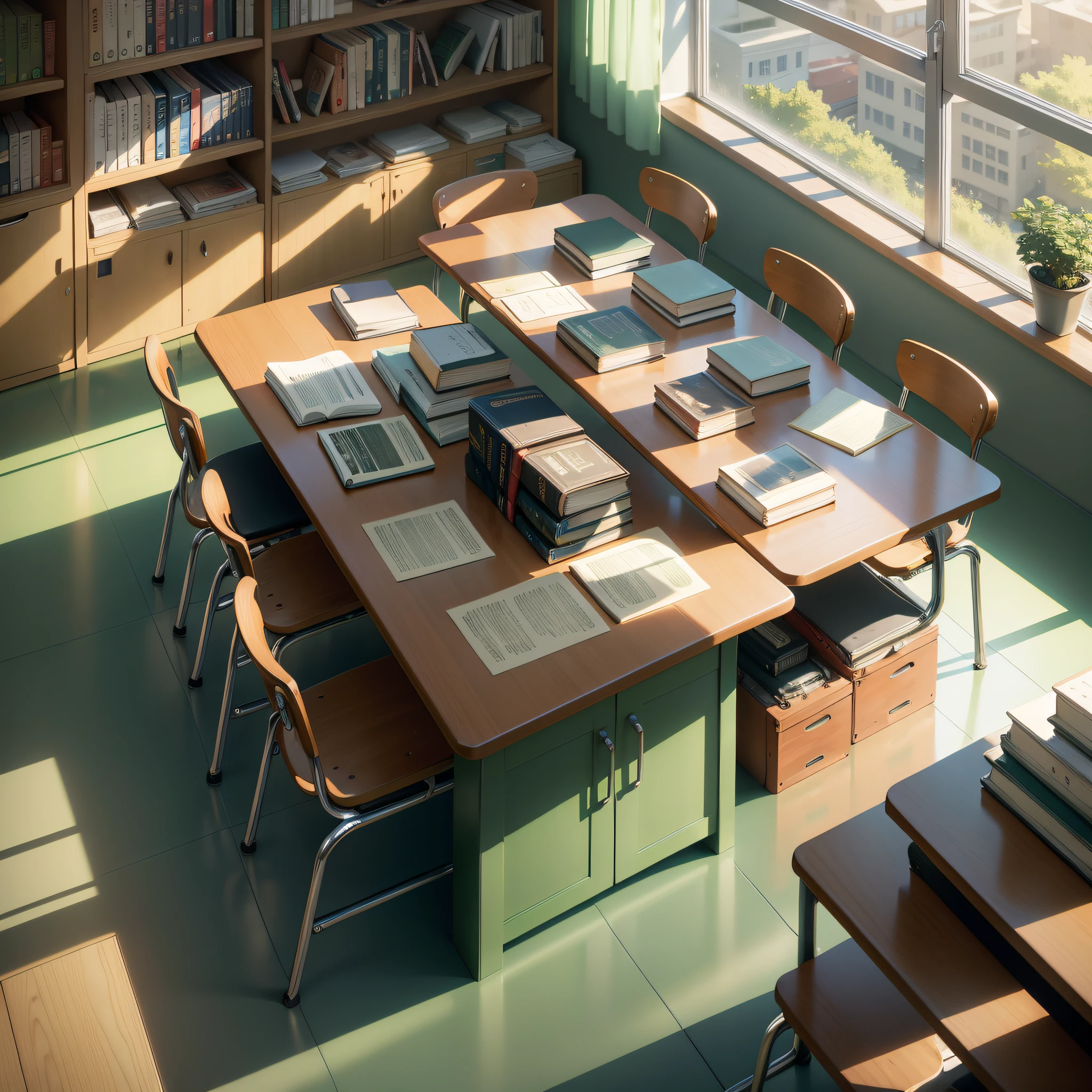 Shinkai Makoto style, Miyazaki style, interior scene, cool color, sunlight penetration, two-dimensional scene, school, library, floor, table, chair, classroom, desk and chair staggered arrangement, there is a close-up, medium, far-range, low saturation, low contrast