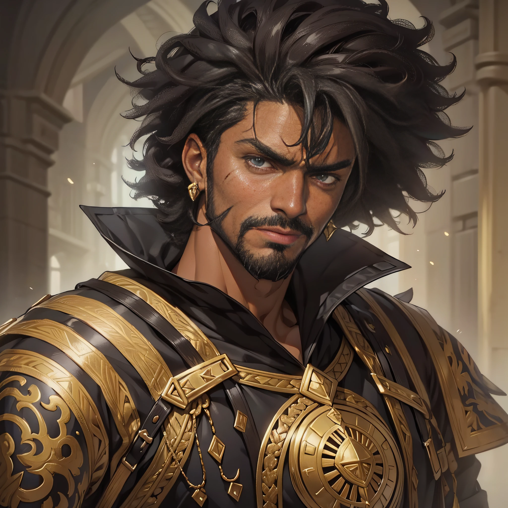 Portrait Rpg, close-up, Vector art, Race: Human, Gender: Male, Age: 30 year, Eyes color: Brown, Skin color: Black skin, Physique: Normal complexion, Facial features: Without beard or marks in the face, Expression: Angry look, Hair style: Black short afro, Equipment: Elegant fantasy clothes, Background: Fancy room