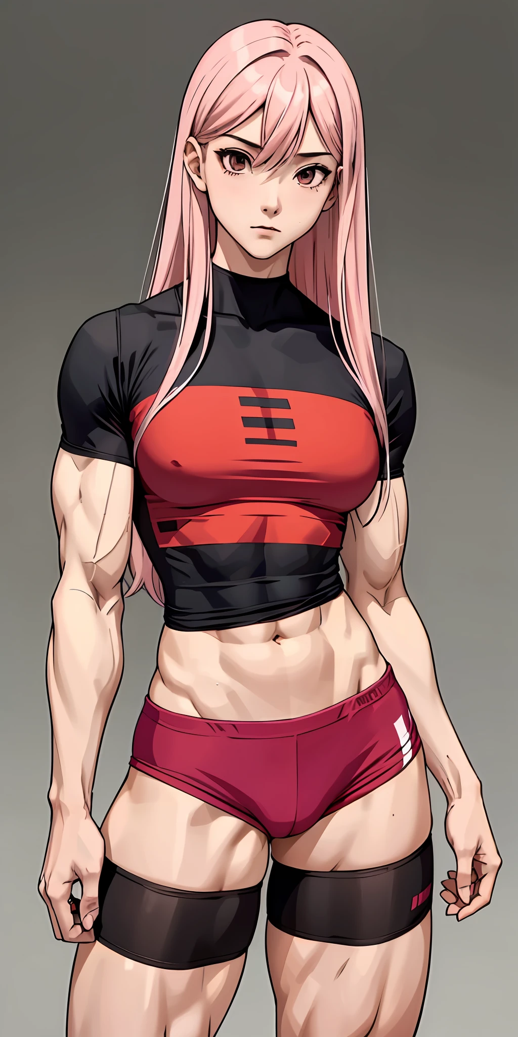 Boy, male body, adult, girl face, seductive face, provocative look, , long pink hair, perfect body, fit body, thin waist, male thighs, black shirt, muscular, small girl's chest, red volleyball shorts, big pretuberance, male genital, sissy, femboy, full body