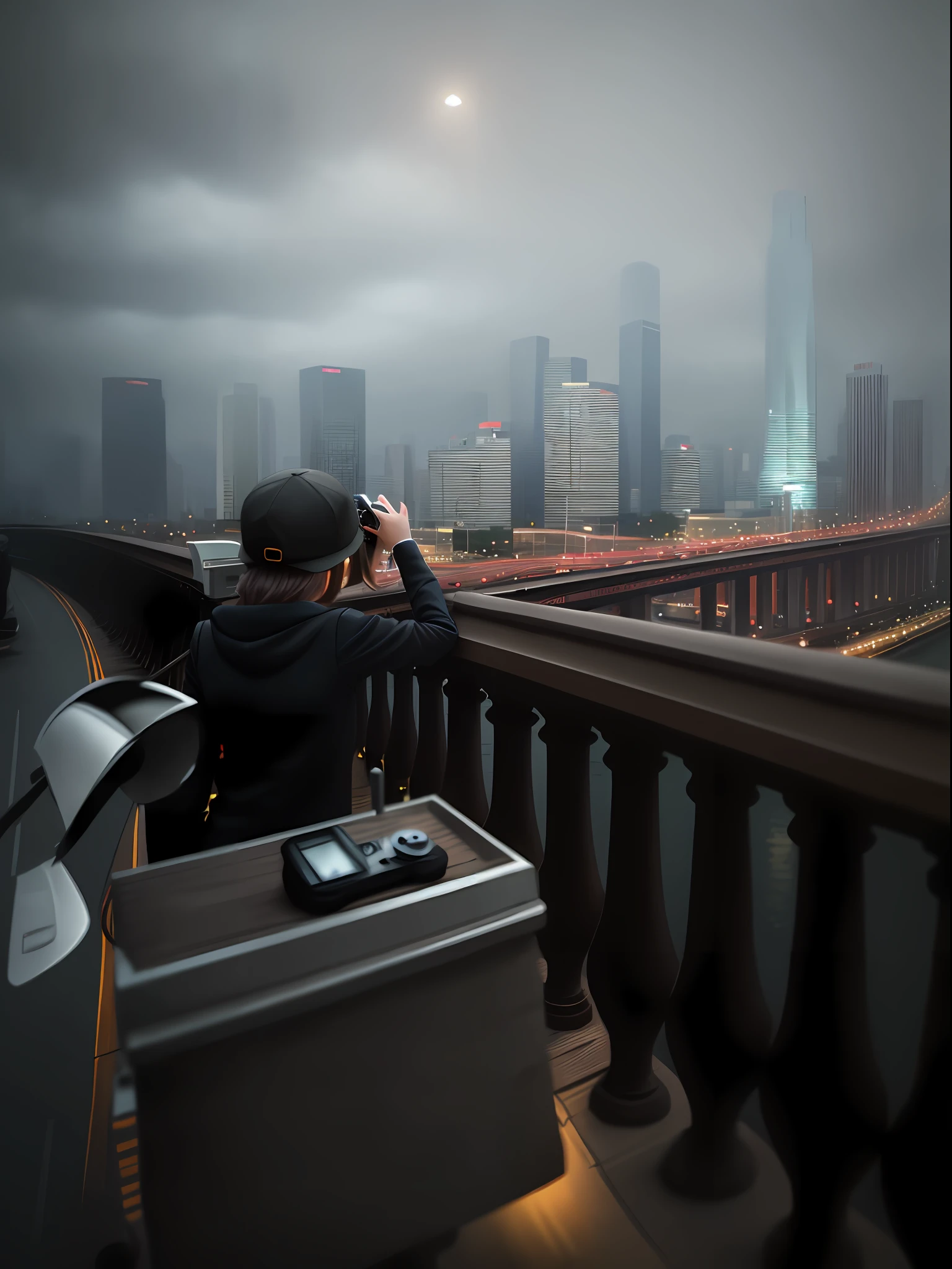 A sexy lady is taking photo from the bridge