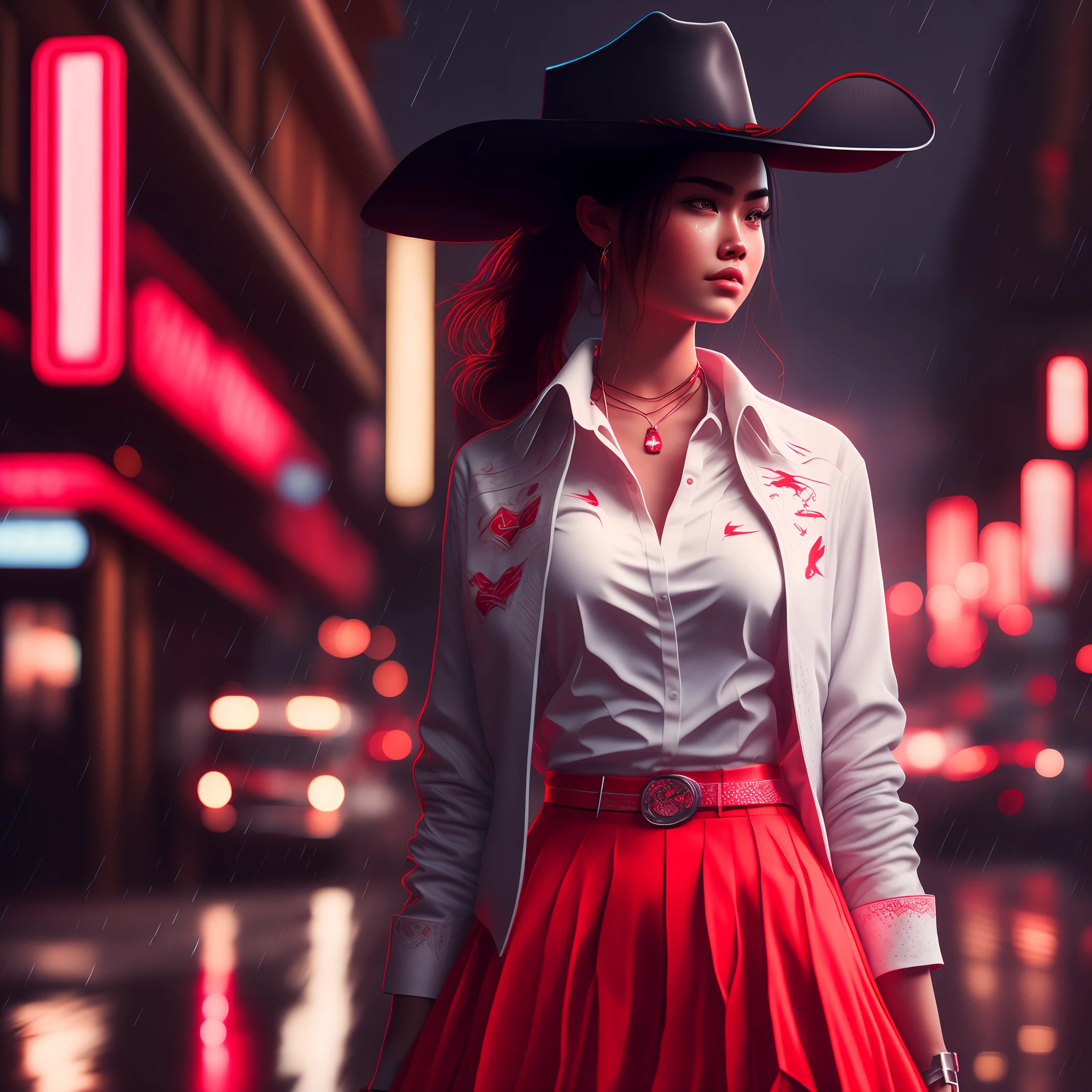 1girl, cowboy zotovalentine shot, white shirt, red skirt, athletic, city, night, neon, rain, volumetric lighting, best quality, masterpiece, intricate details, tonemapping, sharp focus, hyper detailed, trend in Artstation, realistic,