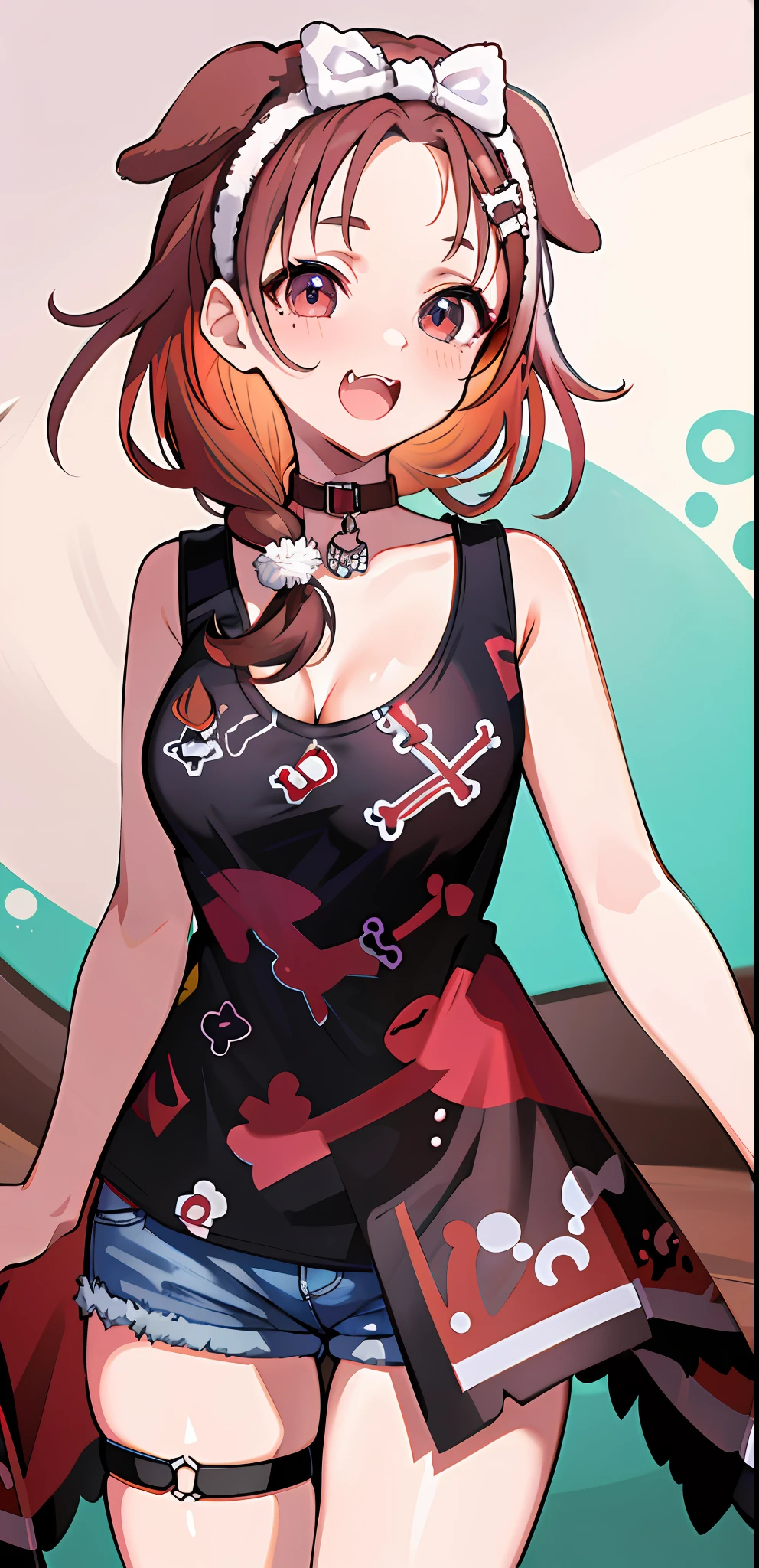 masterpiece, high quality, highres, absurdres, ultra-detailed, detailed eyes, 8k, ti-emb_kobo-kanaeru, 1girl, colorful eyes, fangs, open mouth, bangs, colorful background, looking at viewer, vibrant, contrast, red hair, red hair, gradient hair, happy, graffiti wall background, water splash, close up,masterpiece, best quality, highres, ik3, black shirt, animal ears, brown hair, forehead, bow hairband, cleavage, black choker, large breasts, thigh strap, print shirt, sleeveless shirt, short shorts, fangs, cowboy shot, smile, indoors