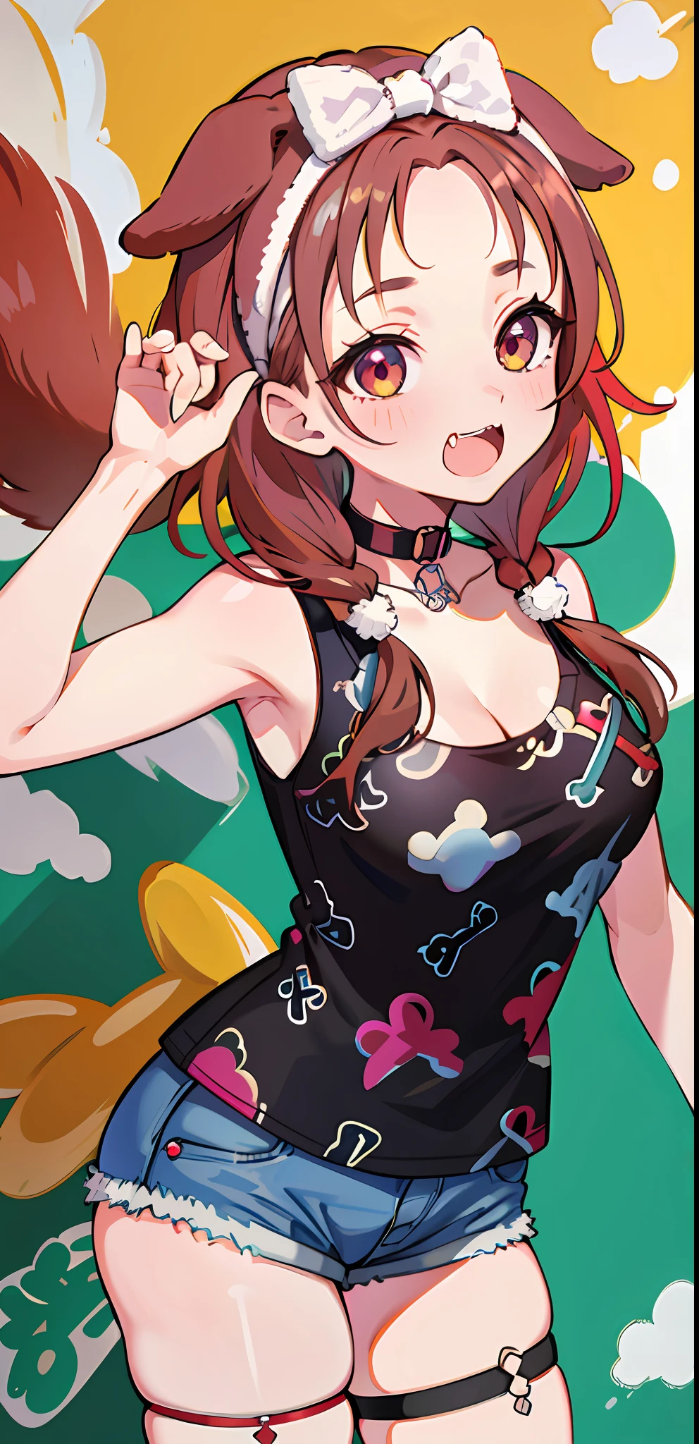 masterpiece, high quality, highres, absurdres, ultra-detailed, detailed eyes, 8k, ti-emb_kobo-kanaeru, 1girl, colorful eyes, fangs, open mouth, bangs, colorful background, looking at viewer, vibrant, contrast, red hair, red hair, gradient hair, happy, graffiti wall background, water splash, close up,masterpiece, best quality, highres, ik3, black shirt, animal ears, brown hair, forehead, bow hairband, cleavage, black choker, large breasts, thigh strap, print shirt, sleeveless shirt, short shorts, fangs, cowboy shot, smile, indoors