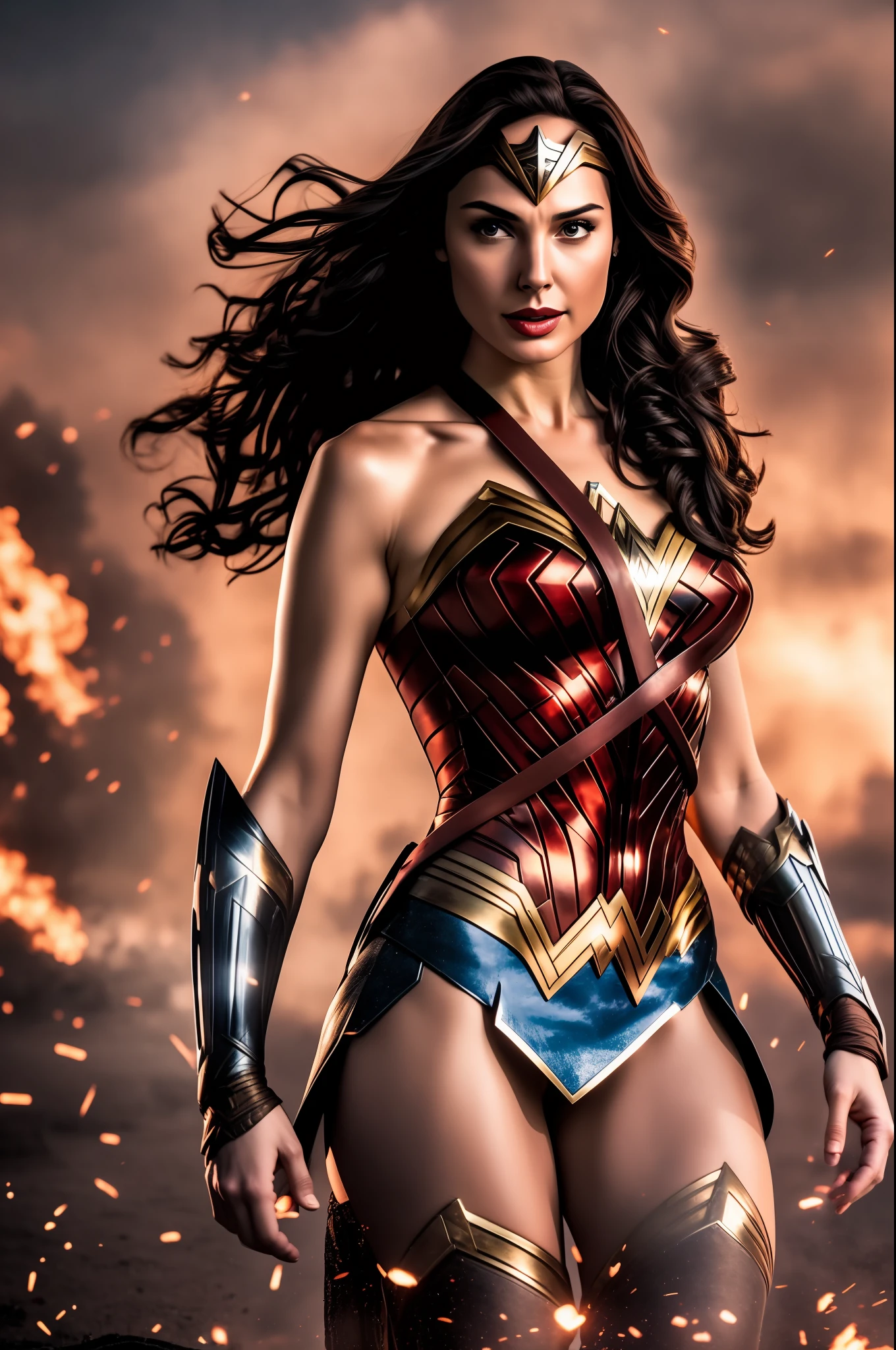 Gal Gadot as Wonder Woman and Ben Affleck as Batman, backgroud WWII tanks and soldiers with explosions, sky red, action scene, realistic, Fujifilm XT3, detailed, high definicion, ultra resolution, 64k, --auto --s2