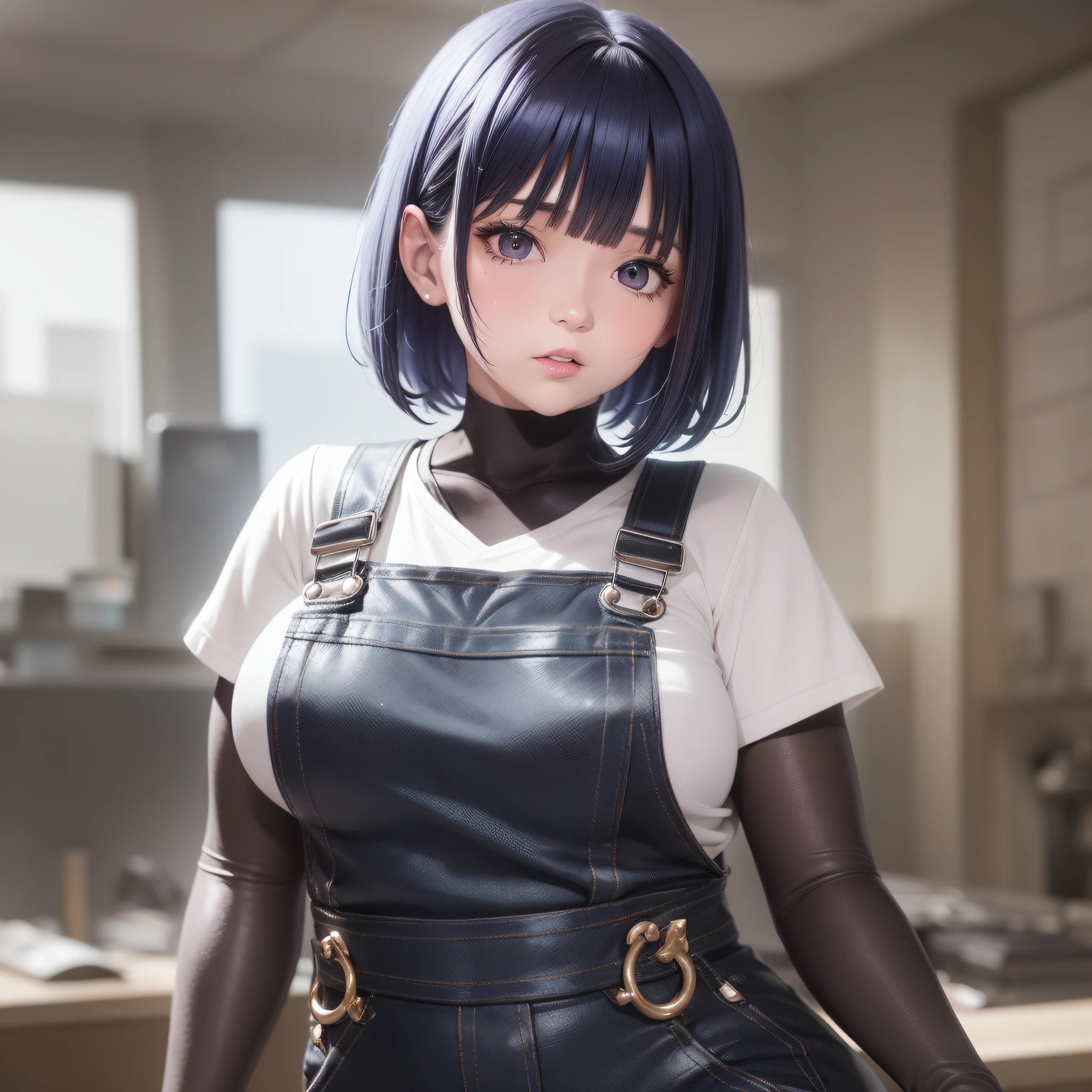 A Cute Girl with white skin, sexy body, size (small), chubby, short hair (up to the shoulders) and black, blue hair tones [bright], curious look, bbwchan, clothing (overalls), round face, anime style, with giant mirrors around, on a battlefield, anime style, realistic lighting, Radiosity, Close Up