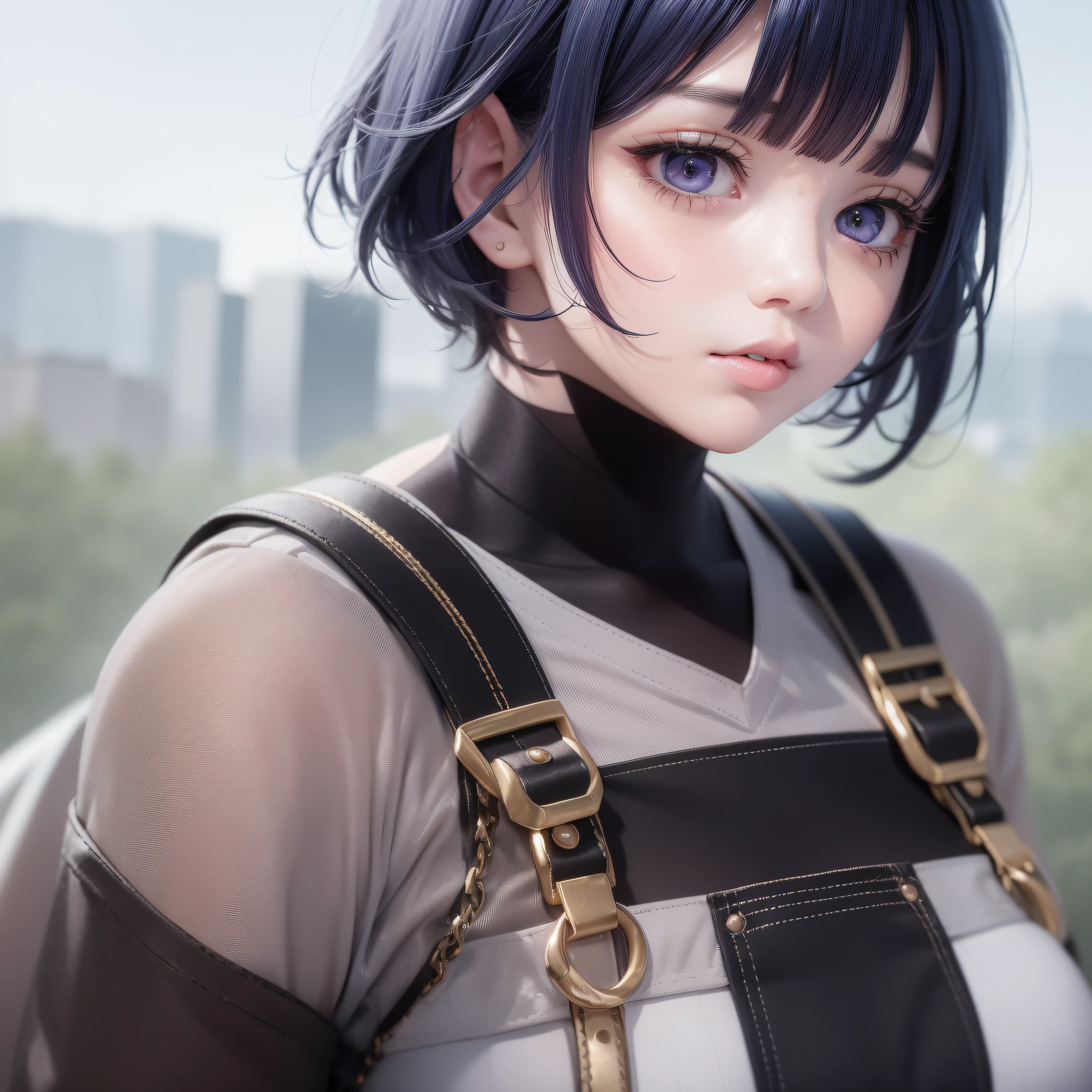 A Cute Girl with white skin, sexy body, size (small), chubby, short hair (up to the shoulders) and black, blue hair tones [bright], curious look, bbwchan, clothing (overalls), round face, anime style, with giant mirrors around, on a battlefield, anime style, realistic lighting, Radiosity, Close Up