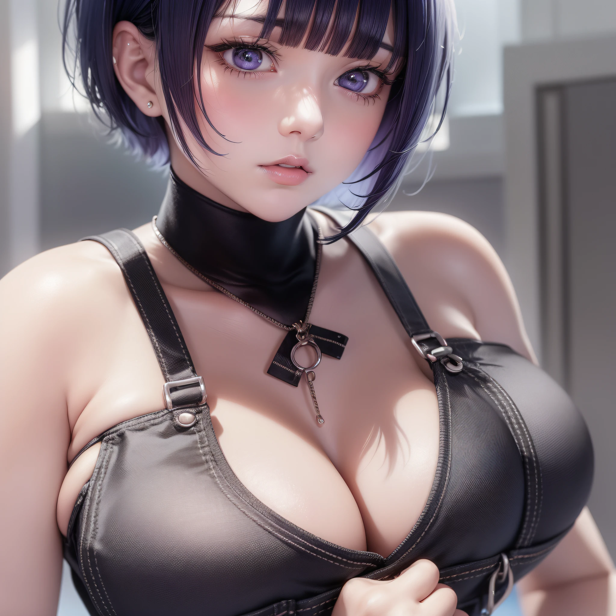 A Cute Girl with white skin, sexy body, size (small), chubby, short hair (up to the shoulders) and black, blue hair tones [bright], curious look, bbwchan, clothing (overalls), round face, anime style, with giant mirrors around, on a battlefield, anime style, realistic lighting, Radiosity, Close Up