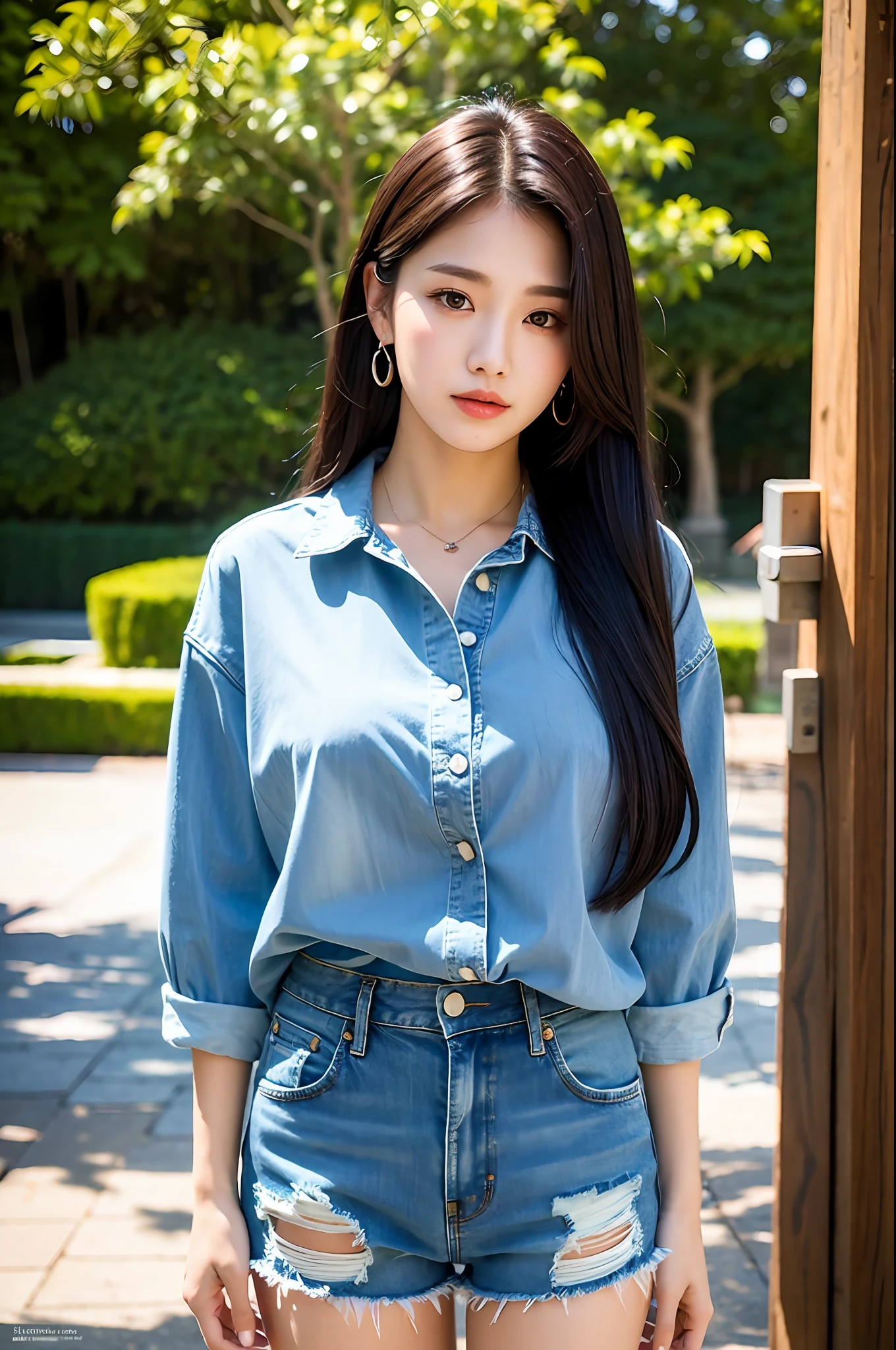 (Best quality, masterpiece: 1.2), Woman, portrait, open collar blue shirt (open breast), denim shorts, mullet head, long black hair, brown eyes, full body, outdoors
