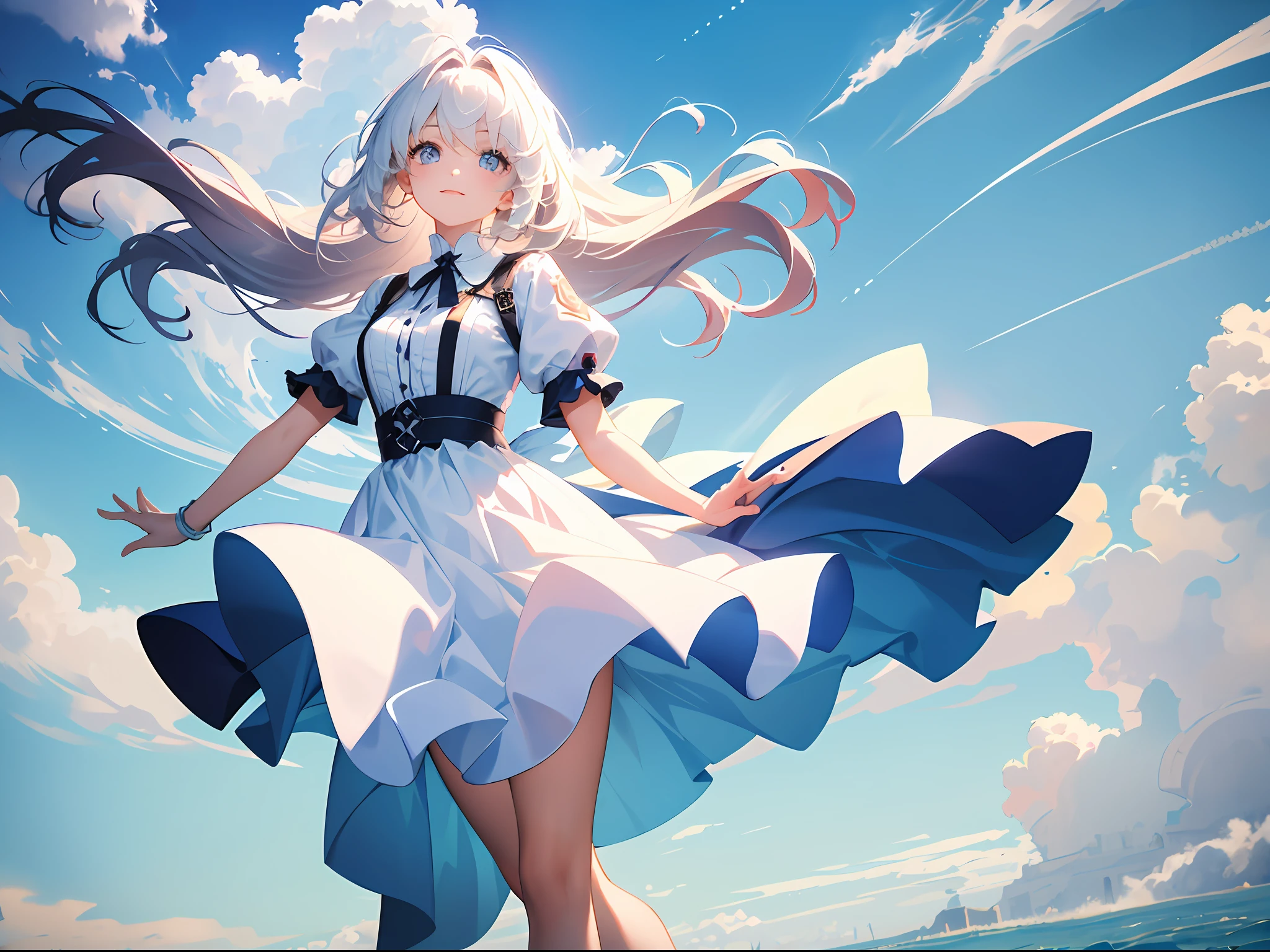 masterpiece, best quality, movie yet, 1girl, floating in the sky, girl cloud, cloud, bright, happy, fun, soft lighting, big hair, wind