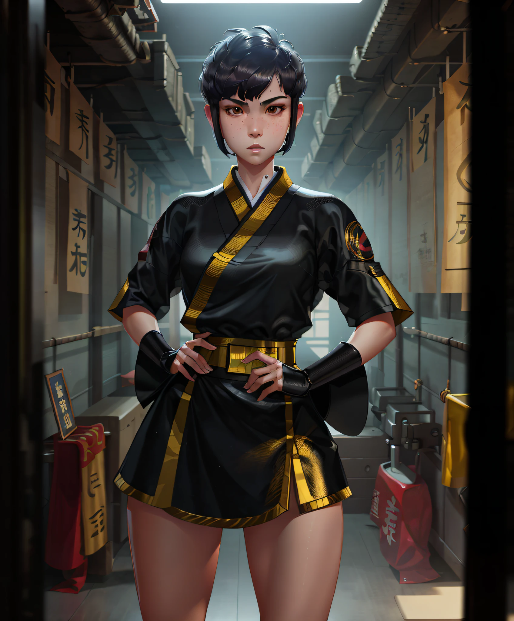 masterpiece, high quality, sharp focus, a martial artist girl, wearing kung fu attire, short black hair, tomboy buzz haircut, perfect face, perfect jawline, in a dojo, textured skin, beautiful lips, bright black eyes, dim ring lighting, full-body shot, cinematic lighting, damp and humid atmosphere, 8k, uhd, absurdres