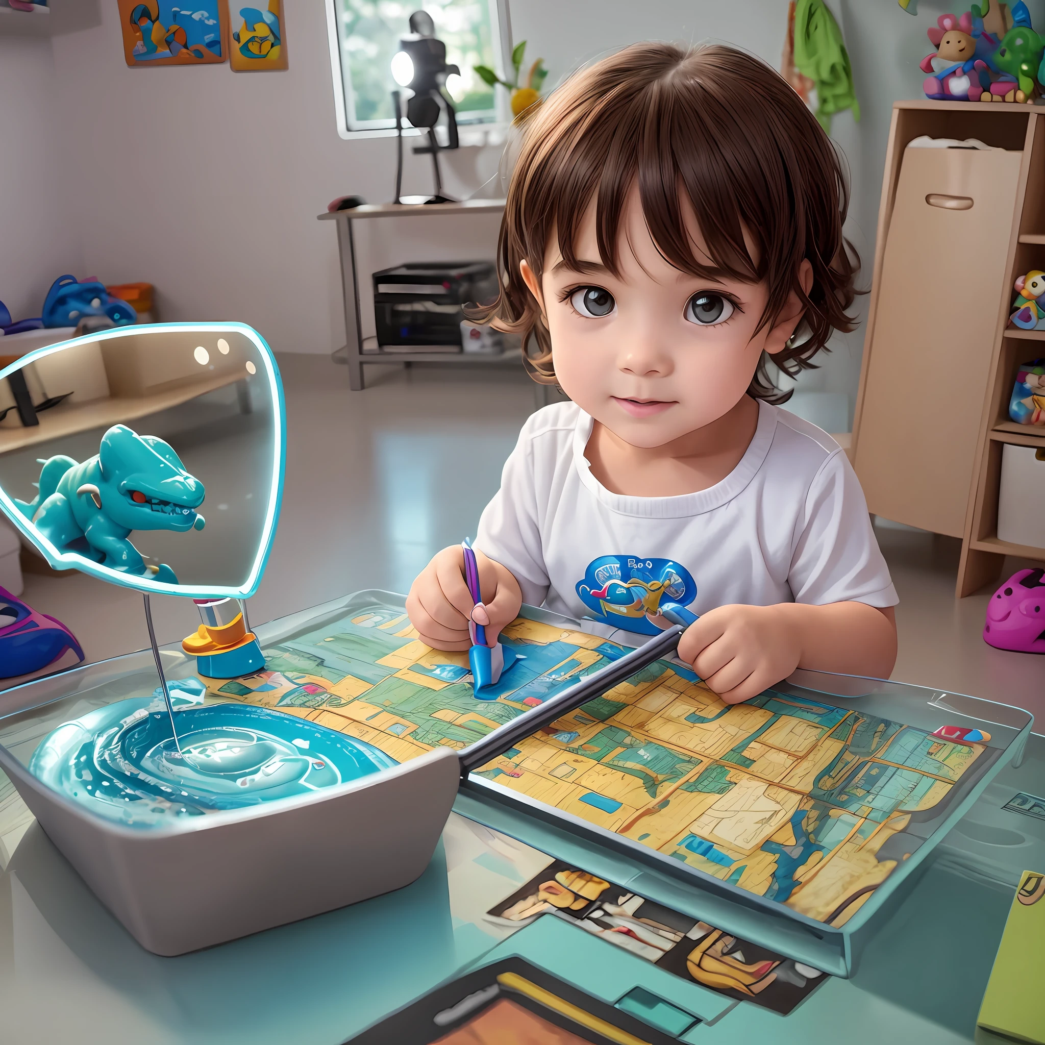 Alaf image of a boy looking at toy dinosaur with magnifying glass, kids playing slime monsters, kids, 4 d, 4d, magnifying glass, children, product introduction photos, portrait images, photo shooting, curious, kids, portrait shoot, student, kid, technology, beginner, warm and joyful atmosphere, toy commercial photo, perspective mirror, cute toddler, toddler change, girl --auto --s2