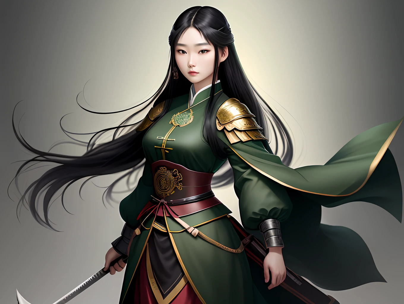 A beautiful Korean woman with beautiful face, long and loose black hair, wearing warrior green clothes, best quality, high resolution