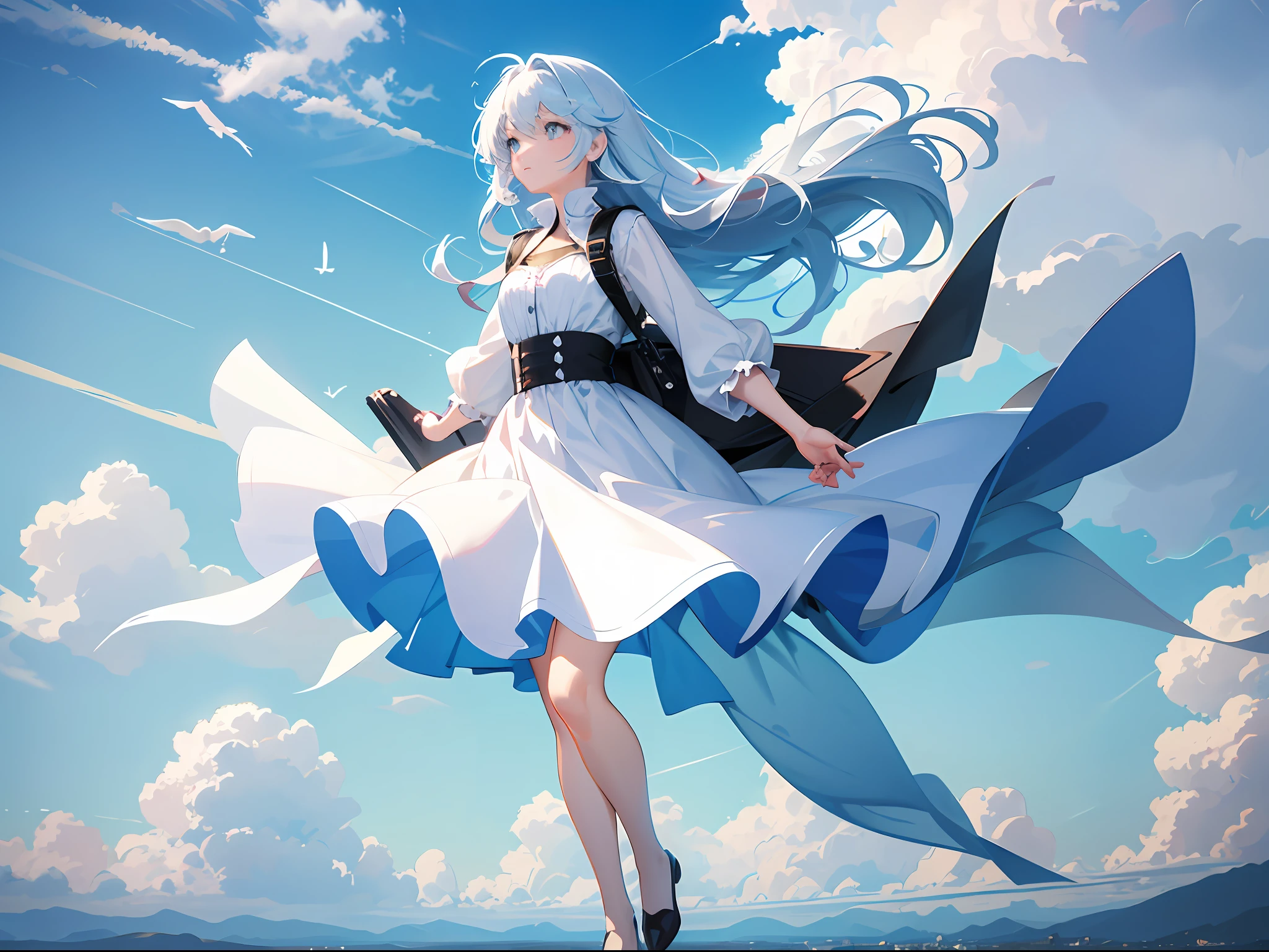 masterpiece, best quality, movie yet, 1girl, floating in the sky, girl cloud, cloud, bright, happy, fun, soft lighting, big hair, wind